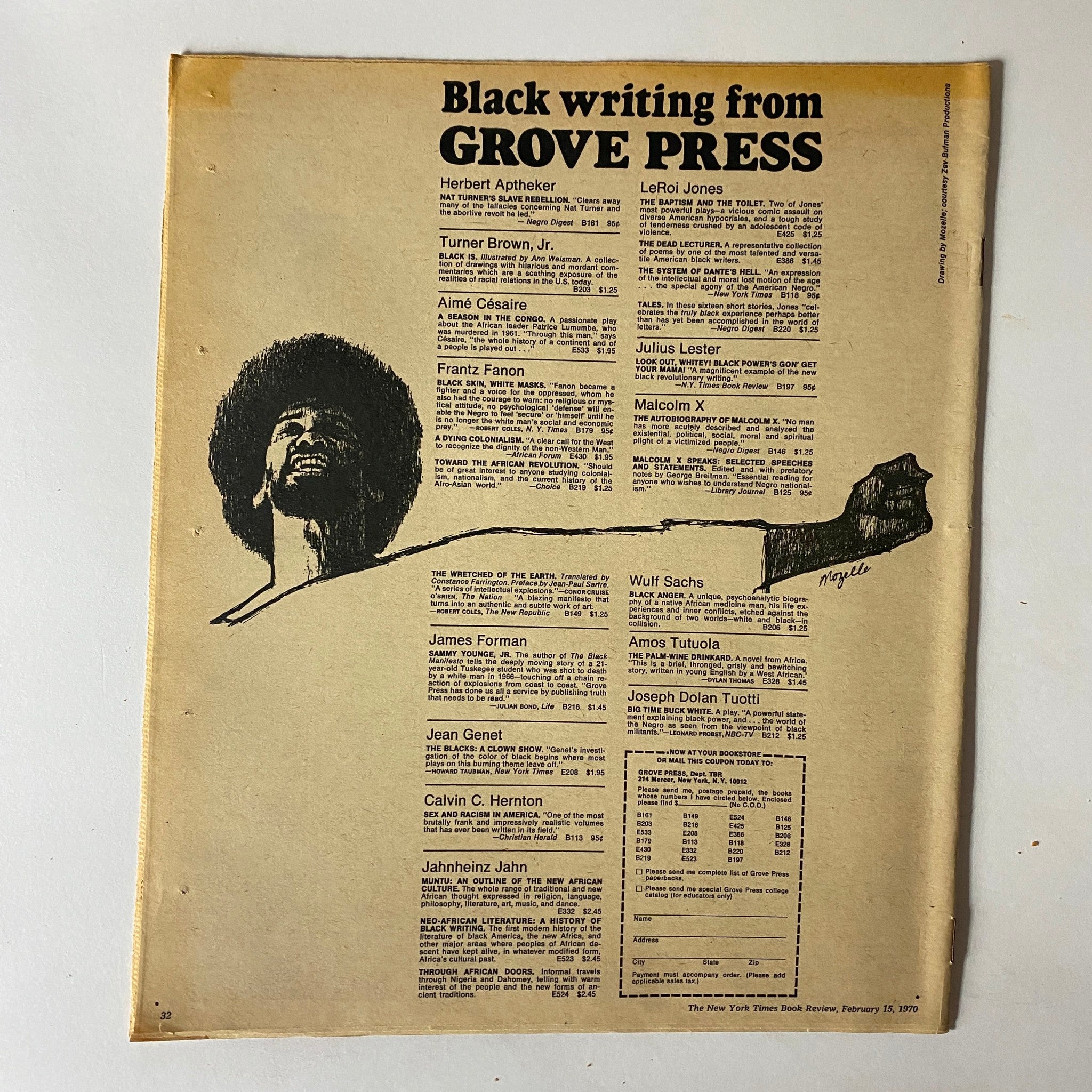 The New York Times Book Review February 15 1970, highlighting 'Black writing from Grove Press', showcasing a graphic illustration and listings of notable Black authors and their works.