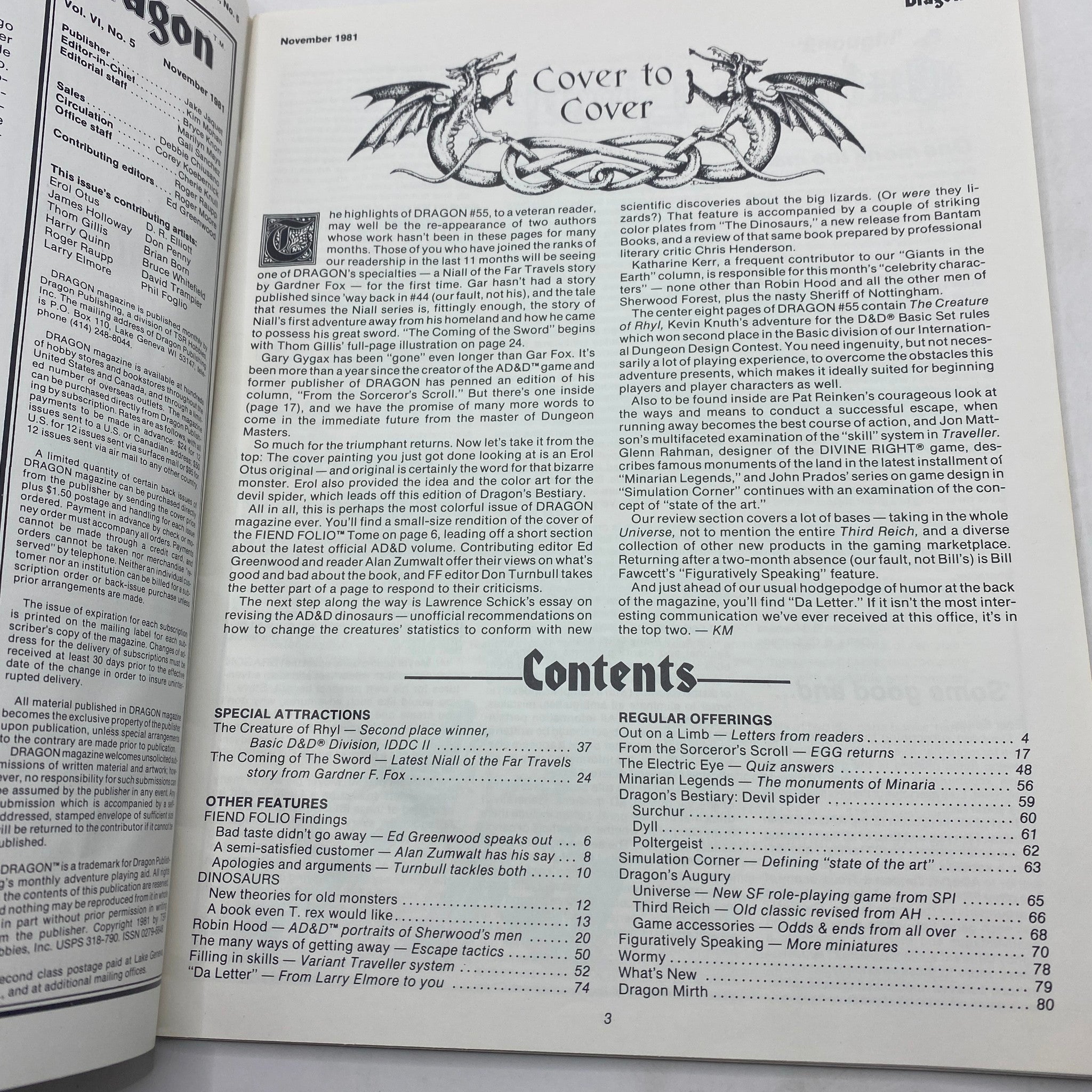 Contents page of VTG Dragon Magazine November 1981 #55, showcasing the featured articles and sections, including 'Dinosaurs Revisited'.