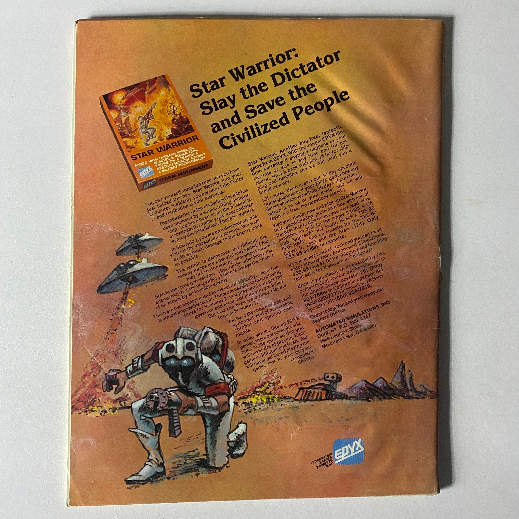 Back cover of VTG Dragon Magazine November 1981 #55 promoting the game 'Star Warrior: Slay the Dictator and Save the Civilized People'.