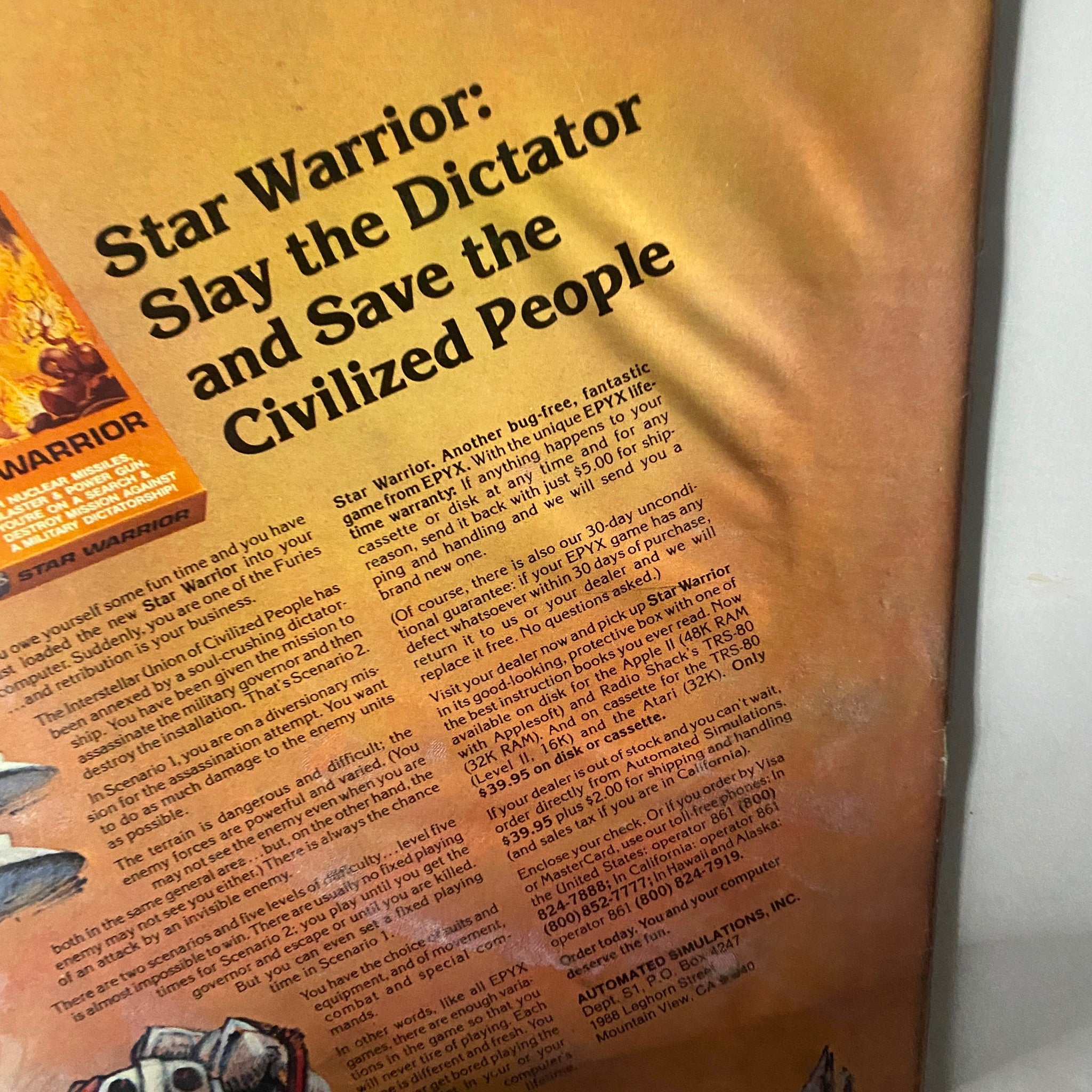 Close-up of the back cover of VTG Dragon Magazine November 1981 #55, detailing the game 'Star Warrior' and its features.