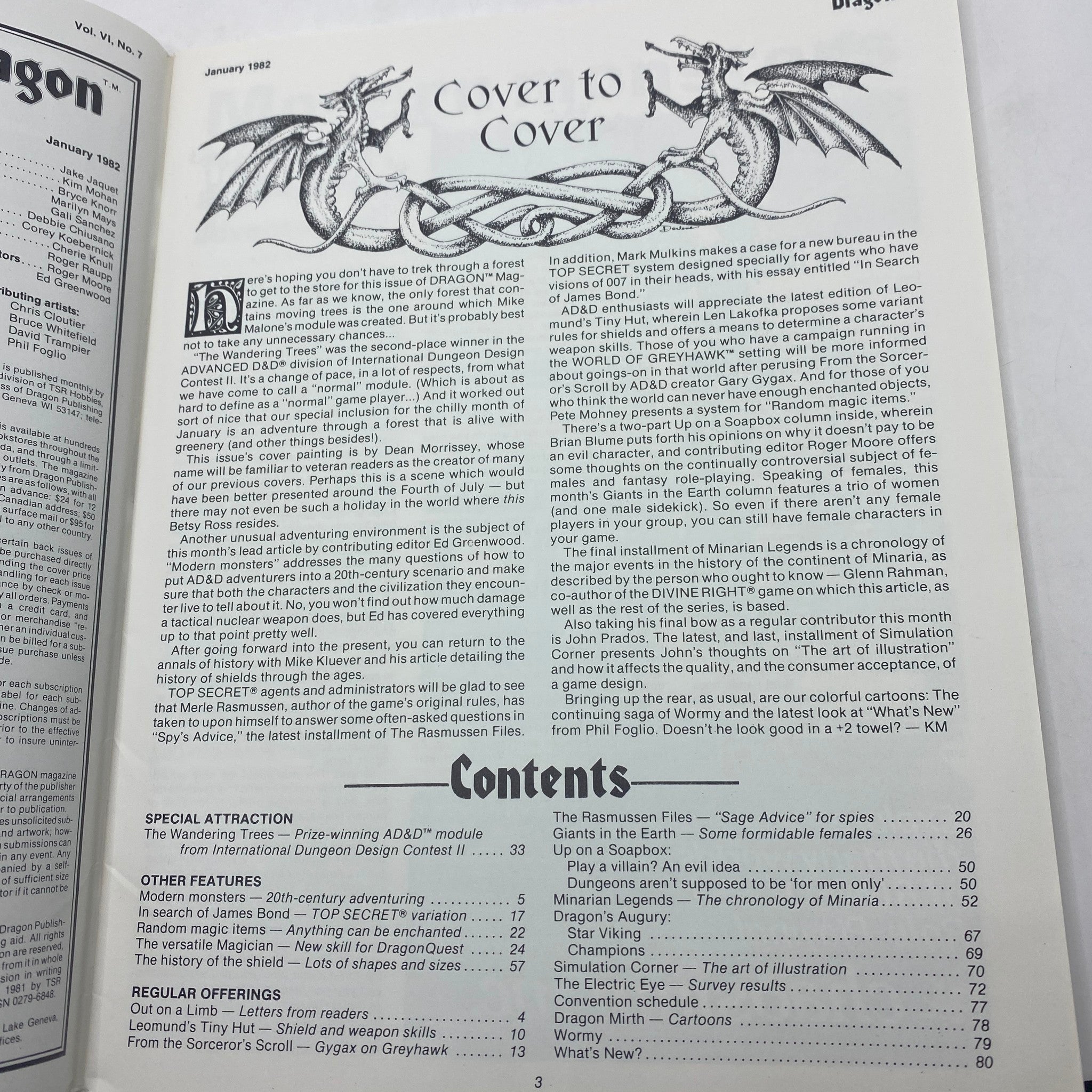 Contents page of Dragon Magazine January 1982 Issue #57, showcasing articles including 'The Wandering Trees' module with a decorative dragon illustration.