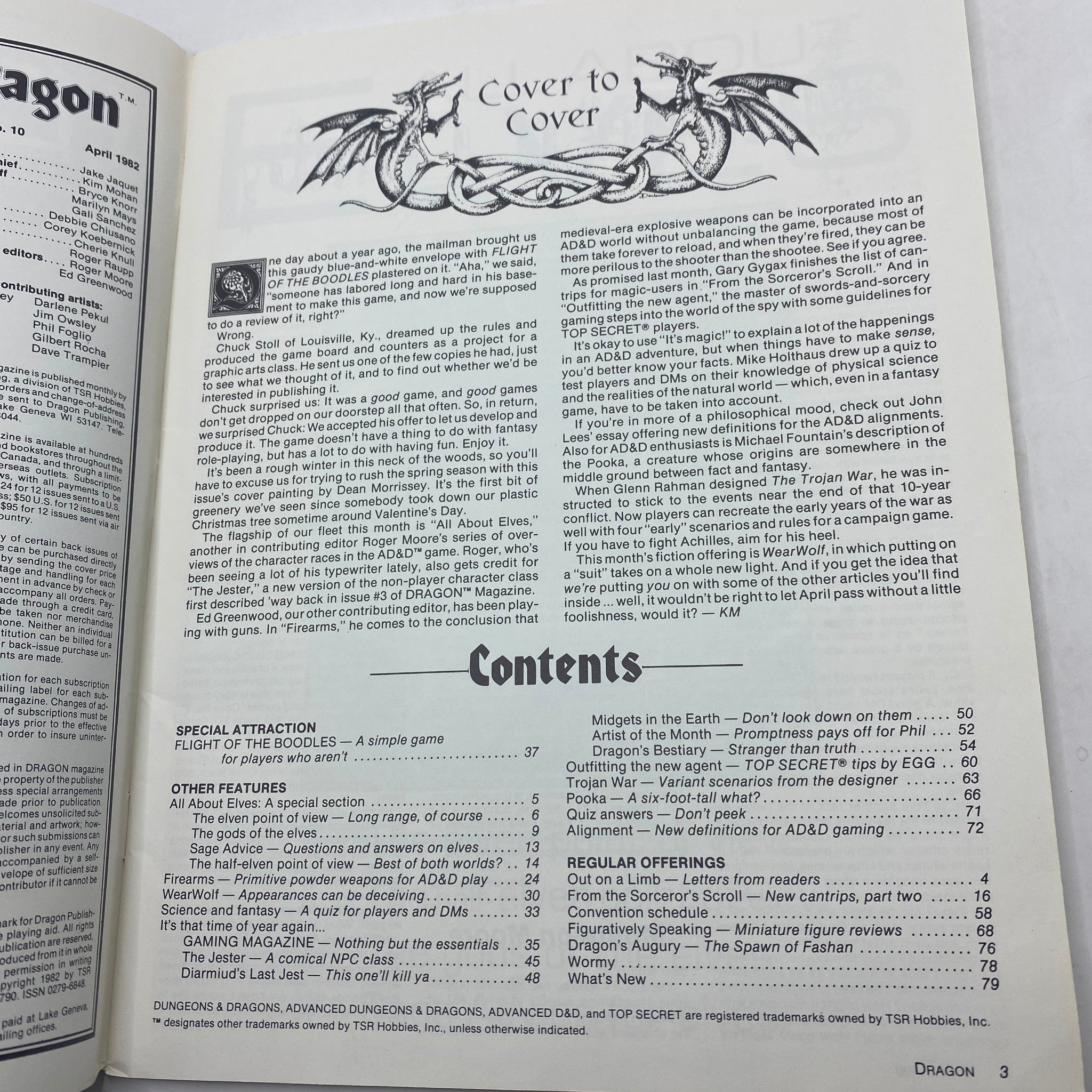 Interior page of VTG Dragon Magazine April 1982 #60 Flight of The Boodles showing the contents section, detailing various articles and features about tabletop role-playing games.