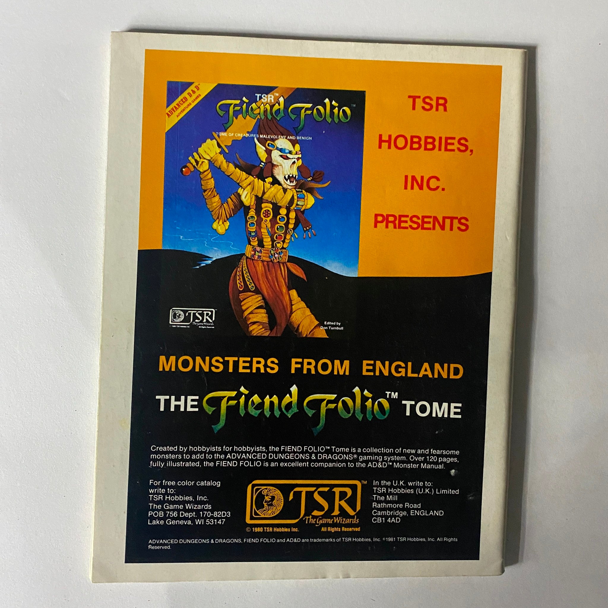 Back cover of VTG Dragon Magazine April 1982 #60 Flight of The Boodles featuring a promotional image for TSR's Fiend Folio, showcasing its relevance to the Dungeons & Dragons gaming community.