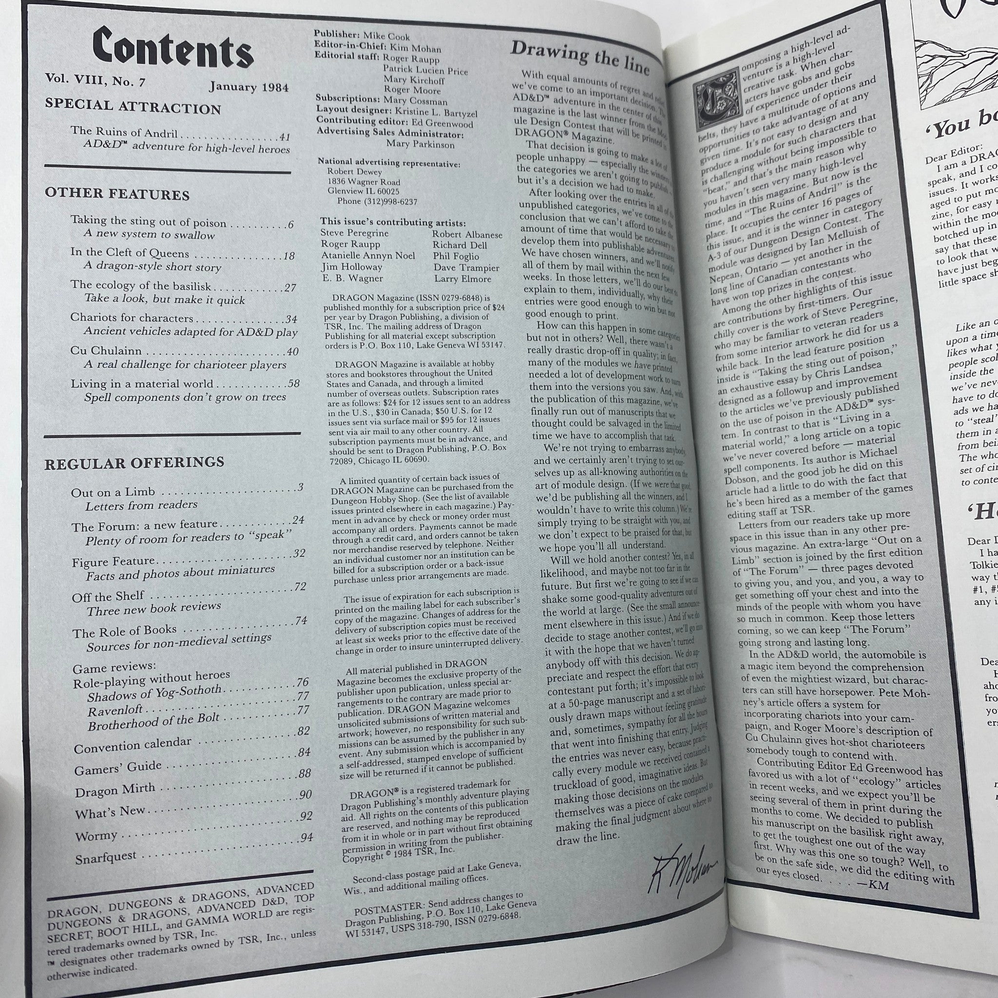 Contents page of Dragon Magazine January 1984 Issue #81, showcasing articles and features including 'The Ruins of Adril' adventure and other tabletop gaming topics.