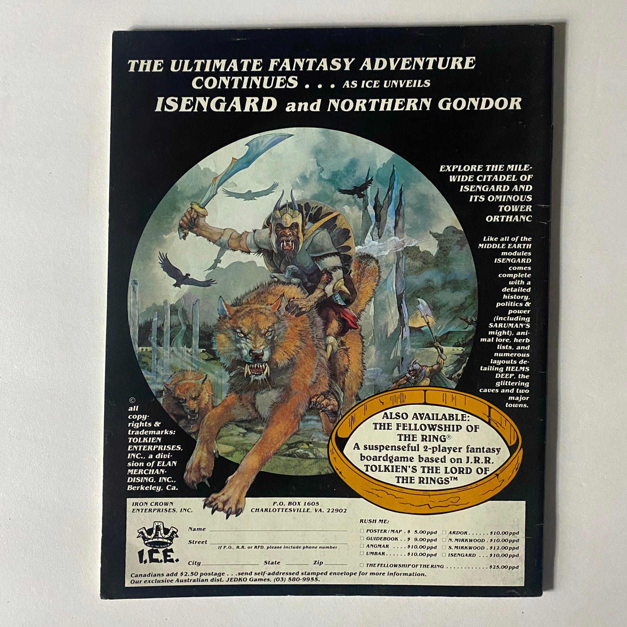 Back cover of Dragon Magazine January 1984 Issue #81 displaying an advertisement for Isengard and Northern Gondor, featuring an illustrated fantasy scene.
