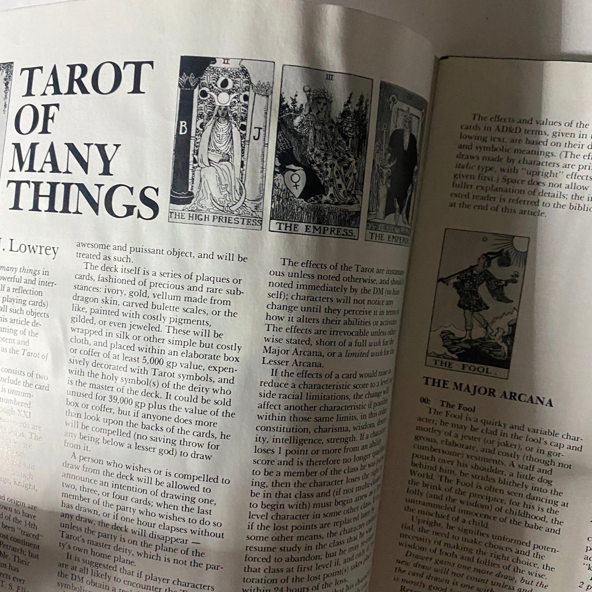Interior page of VTG Dragon Magazine September 1983 #77 displaying an article titled 'Tarot of Many Things' with illustrations of tarot cards and detailed descriptions related to role-playing games.