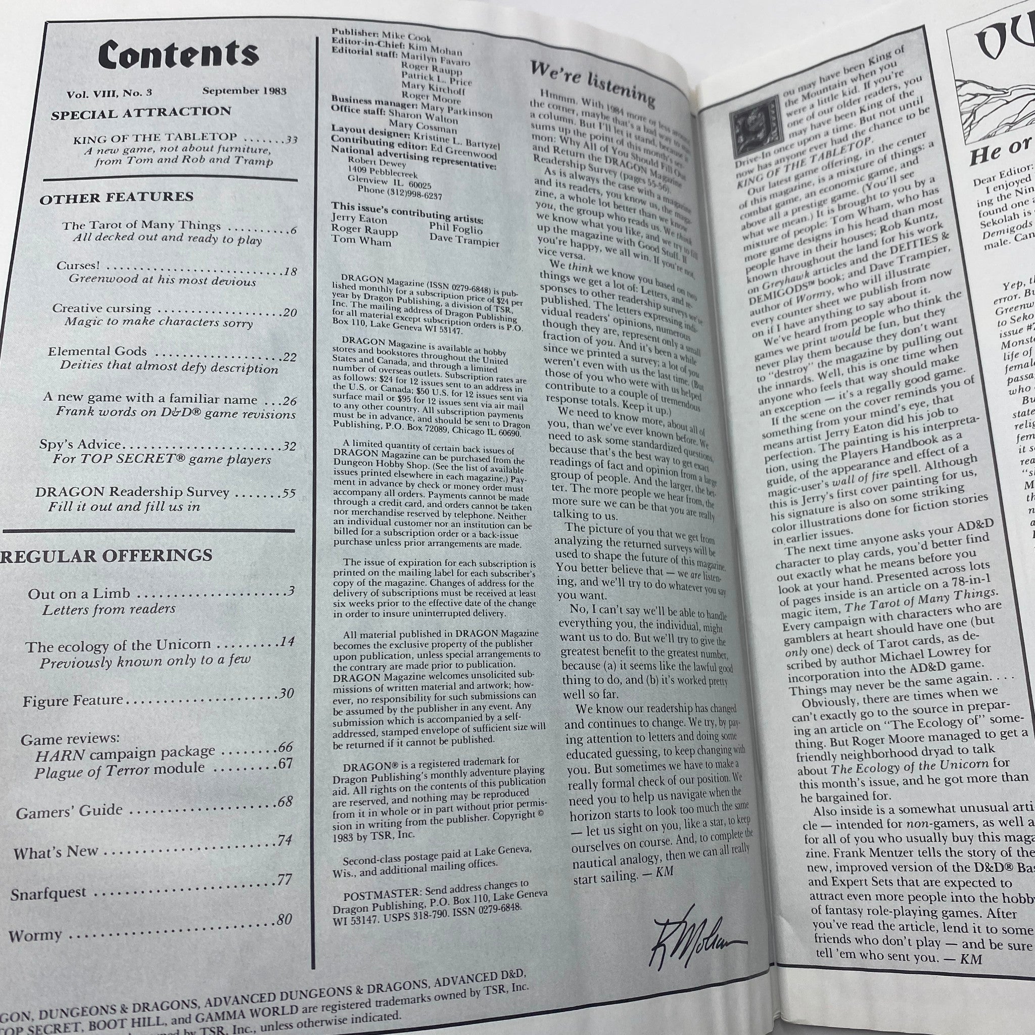 Contents page of VTG Dragon Magazine September 1983 #77 outlining the key articles and features, including the special attraction 'King of the Tabletop' and additional game insights.