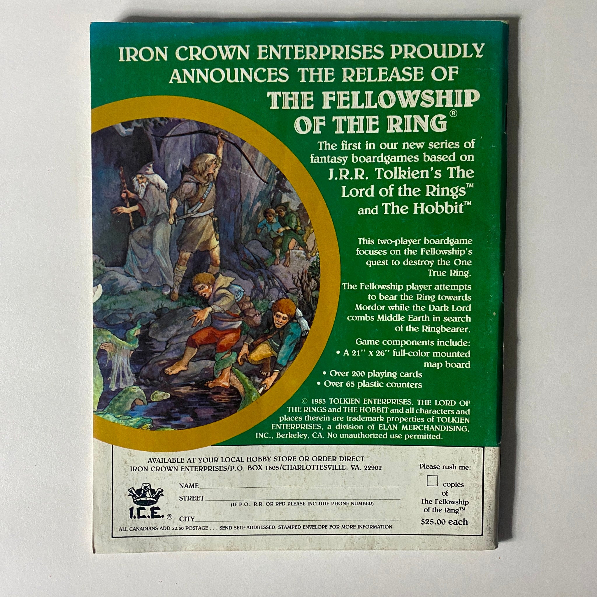 Back cover of VTG Dragon Magazine September 1983 #77 featuring an announcement for 'The Fellowship of the Ring' board game, highlighting game components and fantasy art.
