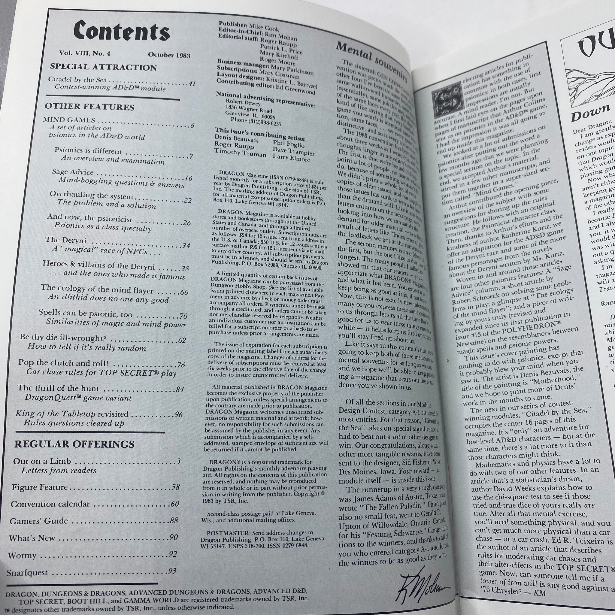 Contents page of VTG Dragon Magazine October 1983 #78, detailing features including articles on psionics and adventure scenarios, essential for Dungeons & Dragons enthusiasts.