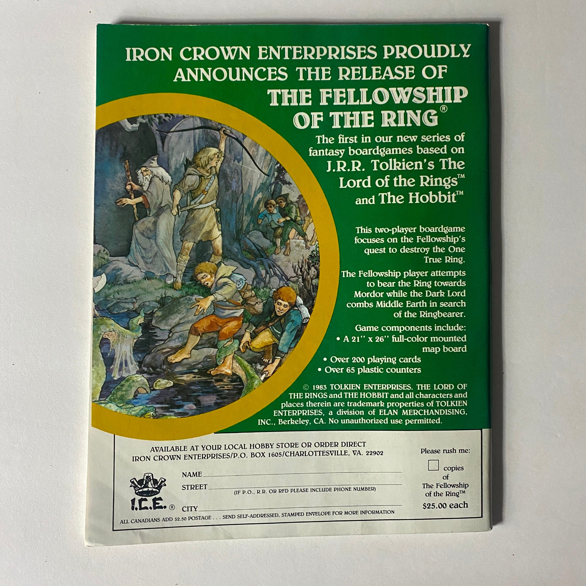 Back cover of VTG Dragon Magazine October 1983 #78 announcing 'The Fellowship of the Ring' role-playing board game, showcasing artwork from Tolkien's universe.