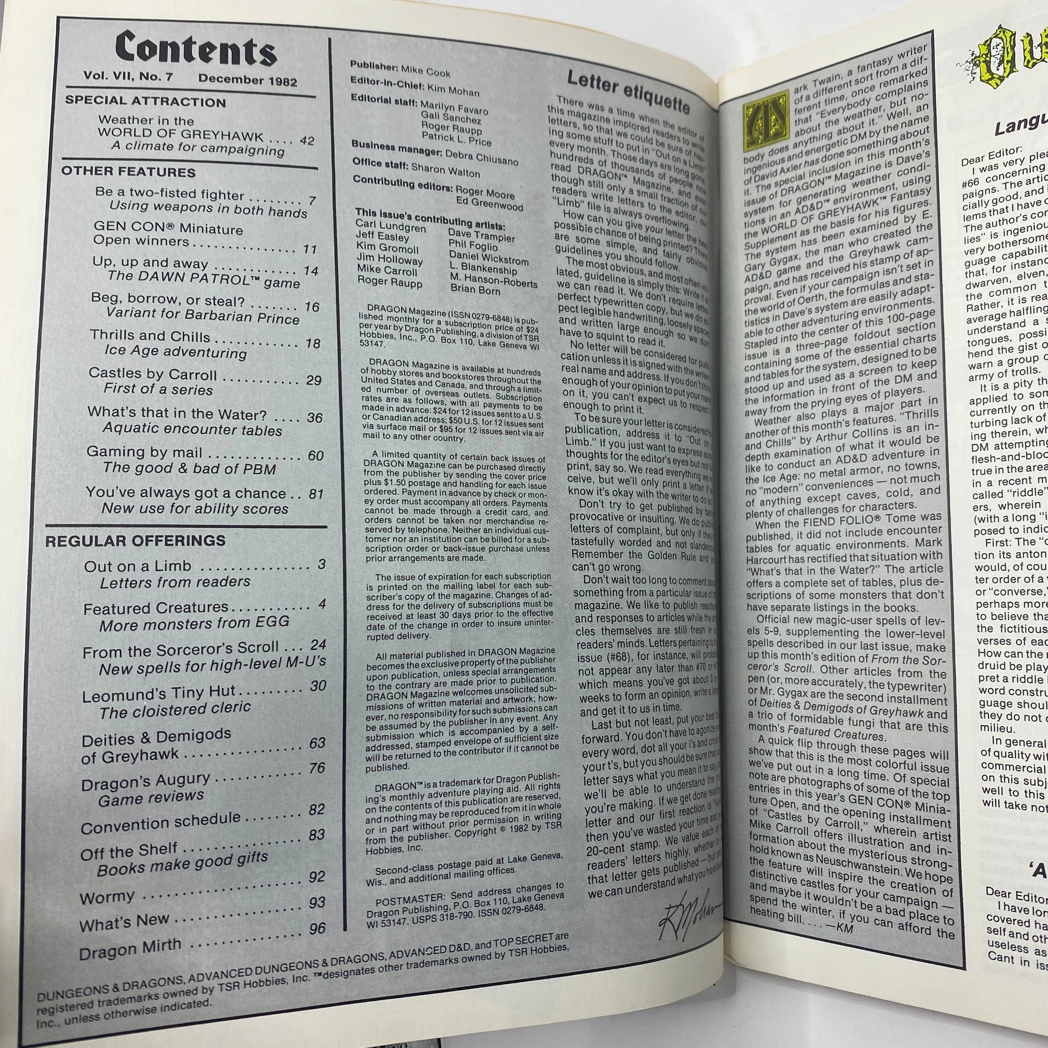 Inside contents page of VTG Dragon Magazine December 1982 #68 displaying articles and features related to Dungeons & Dragons.