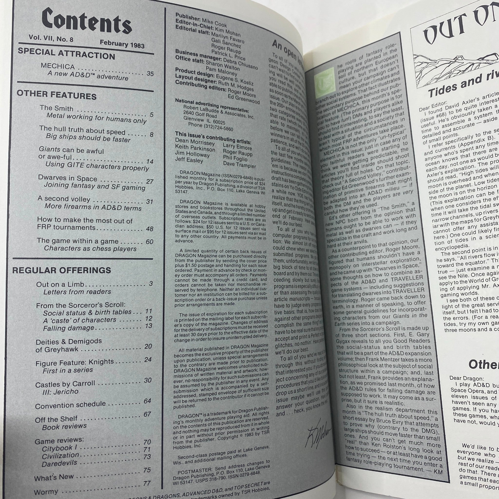 Contents page of VTG Dragon Magazine February 1983 #70 listing articles including "The Hull Truth About Speed" and other features relevant to tabletop gaming.