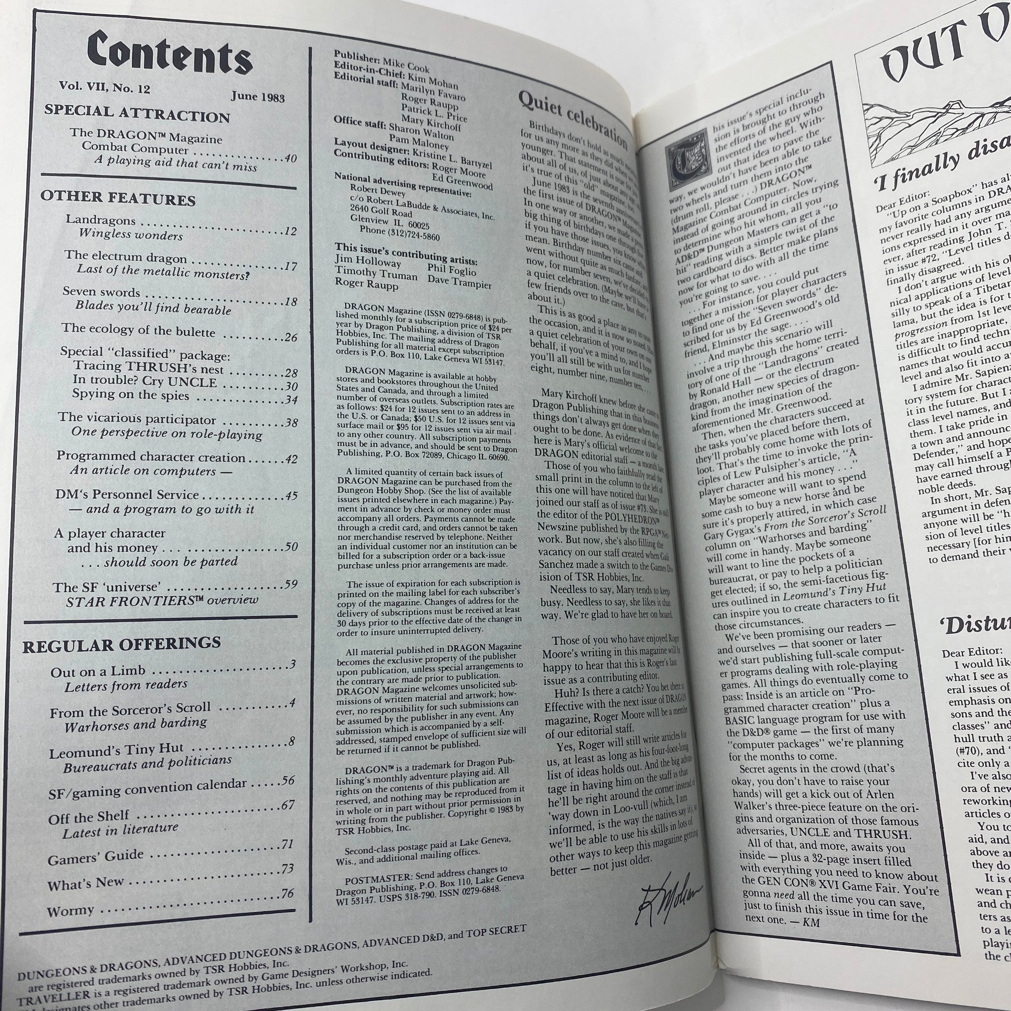 Contents page of Dragon Magazine, June 1983, Issue #74, outlining articles and features including the Combat Computer and special attractions for RPG enthusiasts.