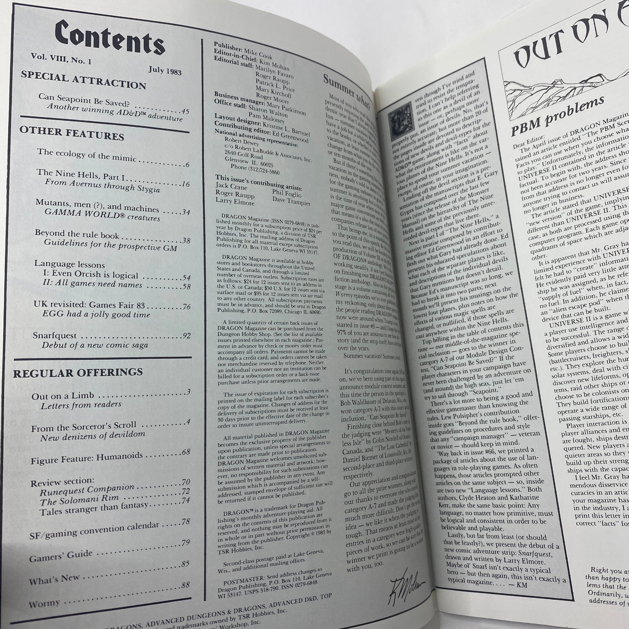 Contents page of VTG Dragon Magazine July 1983 #75, detailing features including 'Can Seapoint Be Saved?' and other role-playing game articles, showcasing the magazine's dedication to fantasy literature and gaming.