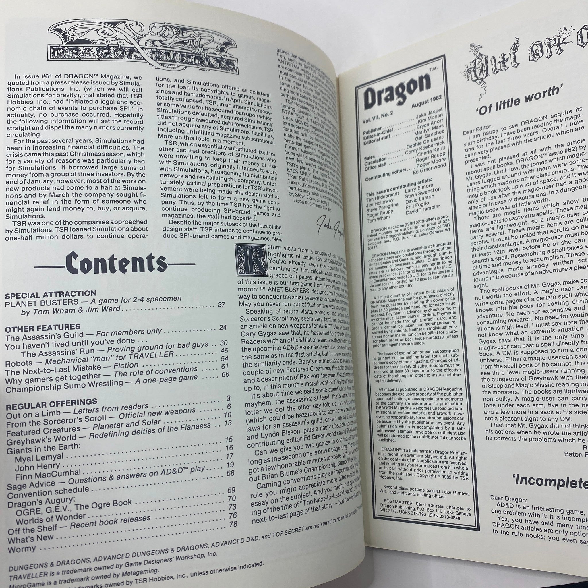 Interior page of VTG Dragon Magazine August 1982 #64, showcasing the table of contents and featuring articles related to the theme 'Planet Busters' in role-playing games.