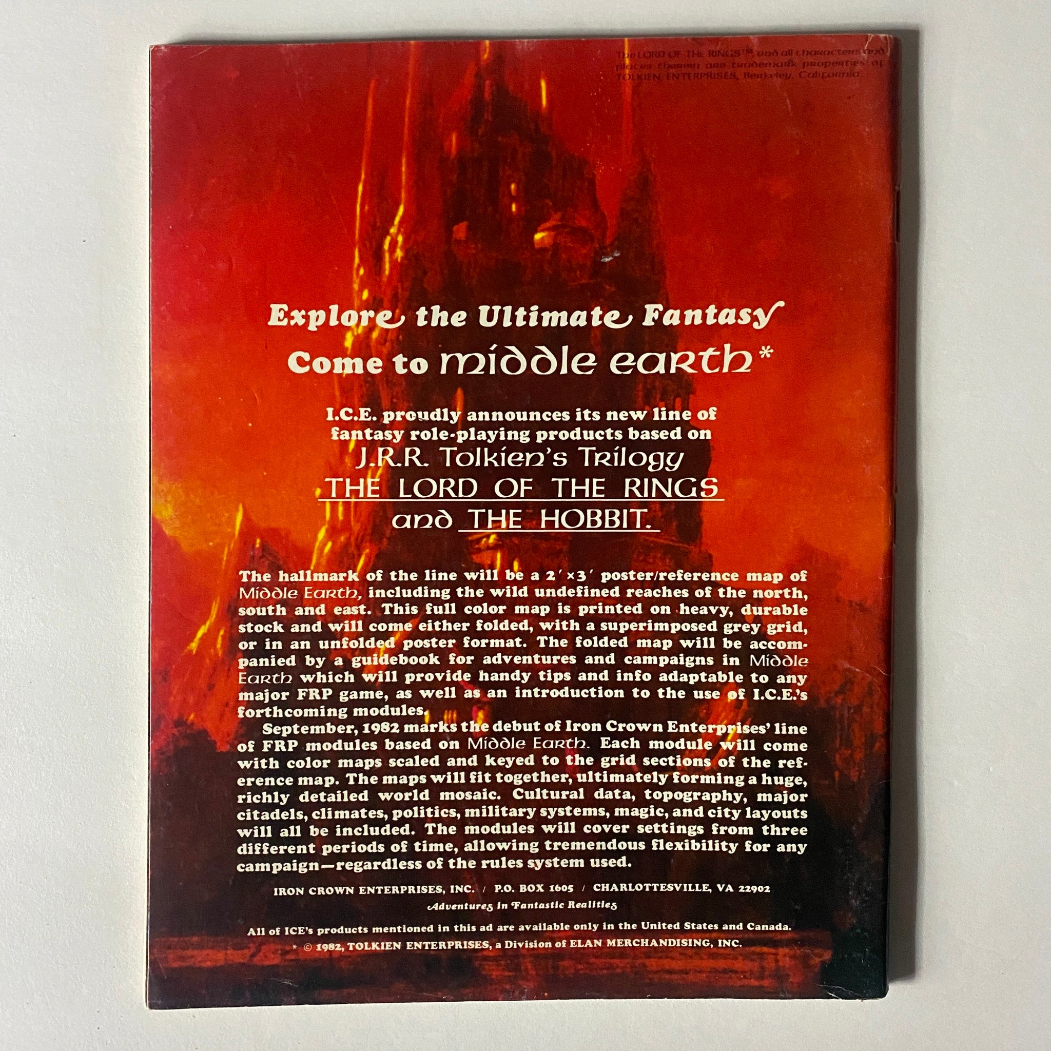 Back cover of the VTG Dragon Magazine August 1982 #64 Planet Busters featuring advertisements for Middle Earth role-playing products based on J.R.R. Tolkien's works. Highlights include information about a full-color map and guidebook for fantasy adventures.