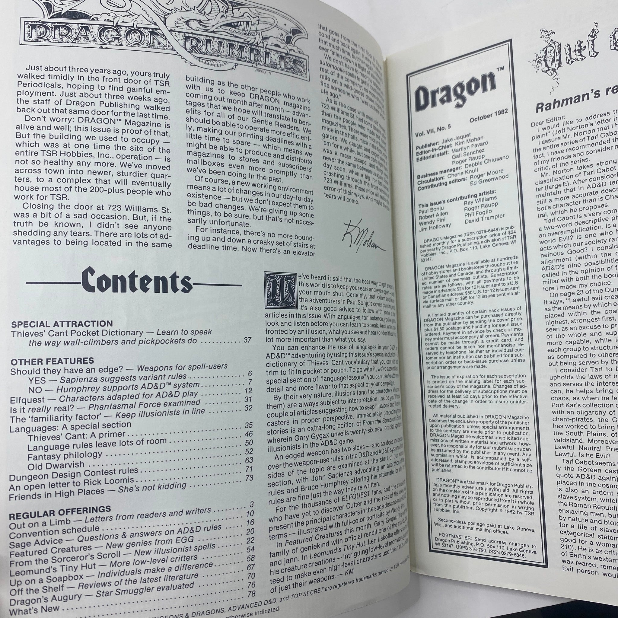 Inside pages of VTG Dragon Magazine October 1982 #66, showcasing the Thieves' Cant Pocket Dictionary and editorial content.