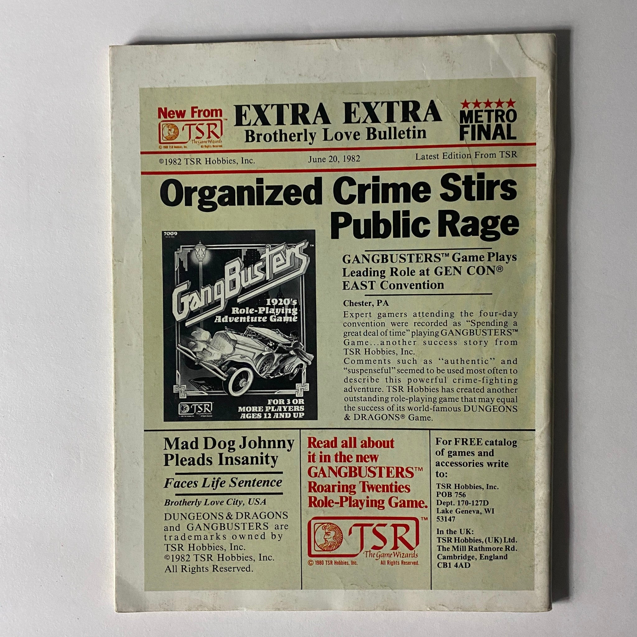 Back cover of VTG Dragon Magazine October 1982 #66, featuring Gangbusters role-playing game advertisement and related news.