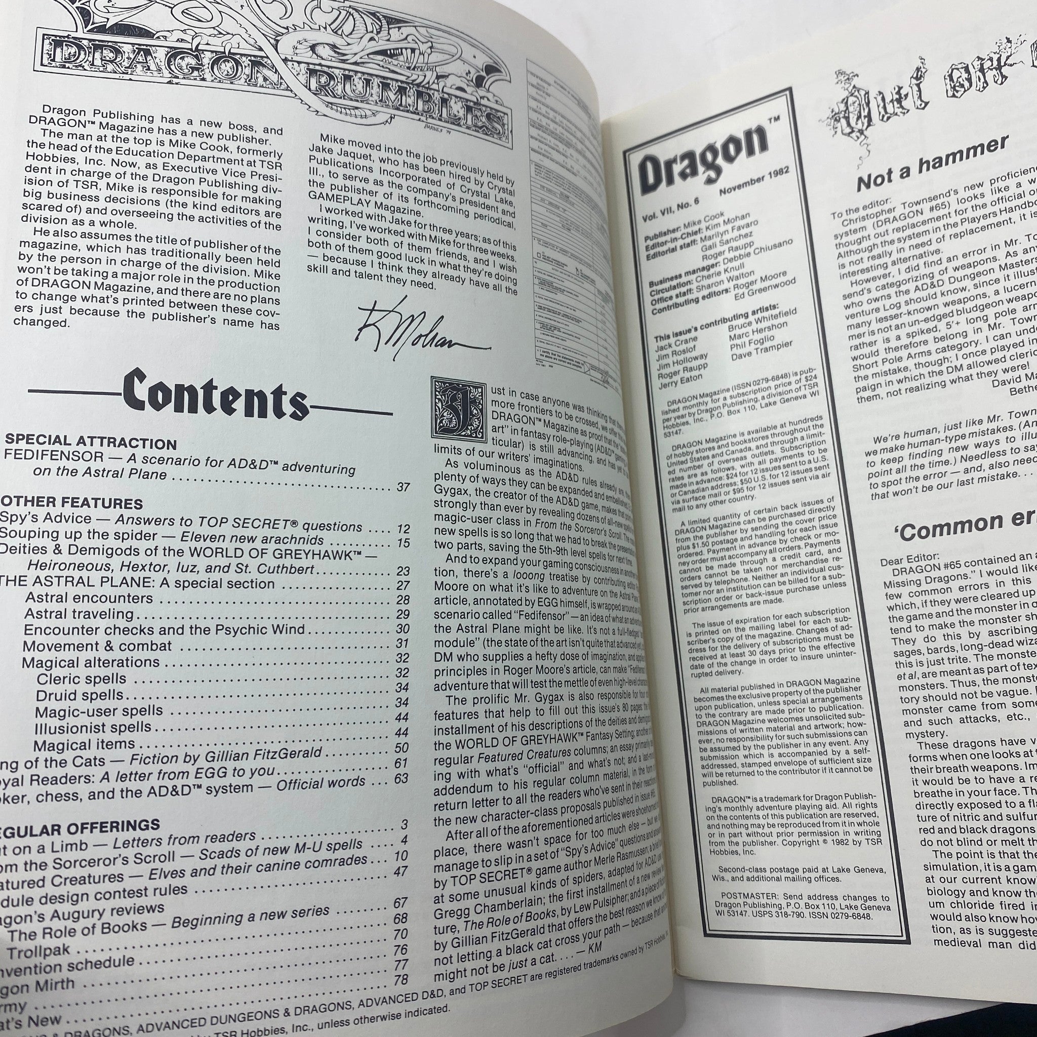 Interior page of VTG Dragon Magazine November 1982 #67 displaying the contents section, including articles and features like 'Fedifensor'.