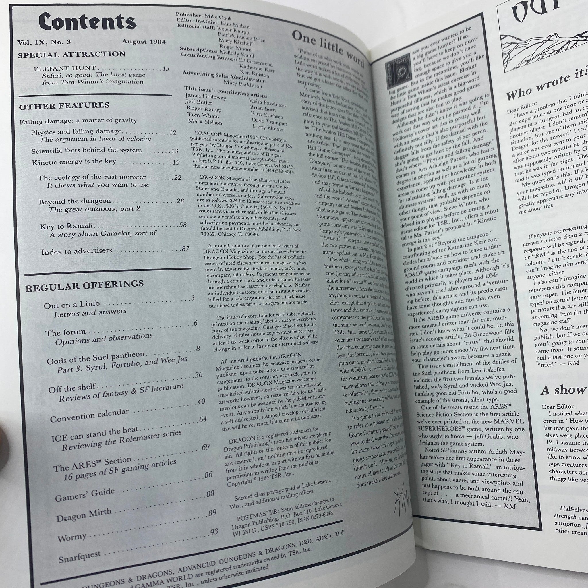 Contents page from VTG Dragon Magazine August 1984 #88 presenting features including 'Elefant Hunt' and various articles related to role-playing games from the 1980s.