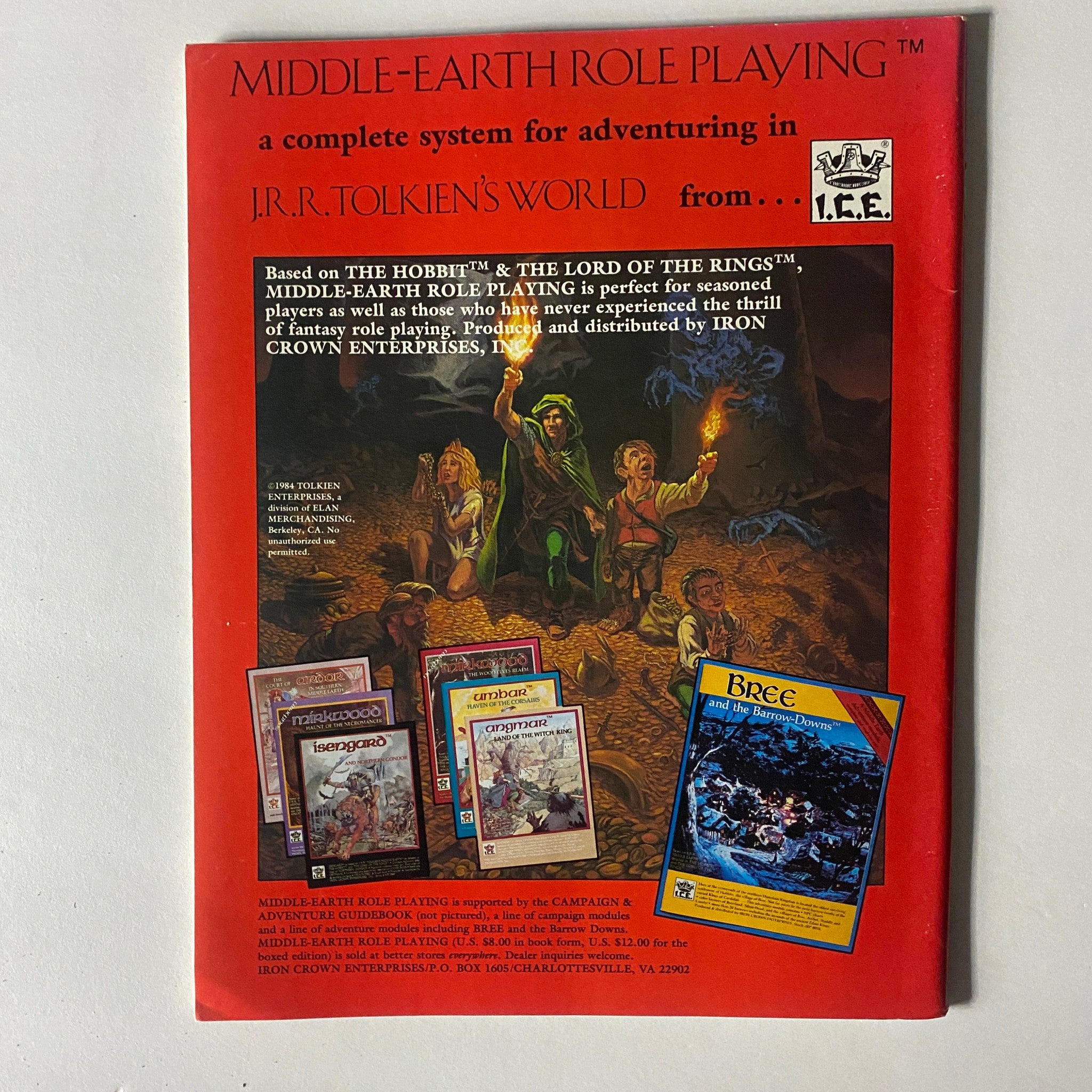 Back cover of VTG Dragon Magazine August 1984 #88 promoting Middle-Earth Role Playing, including details on products and an illustration related to J.R.R. Tolkien's world.