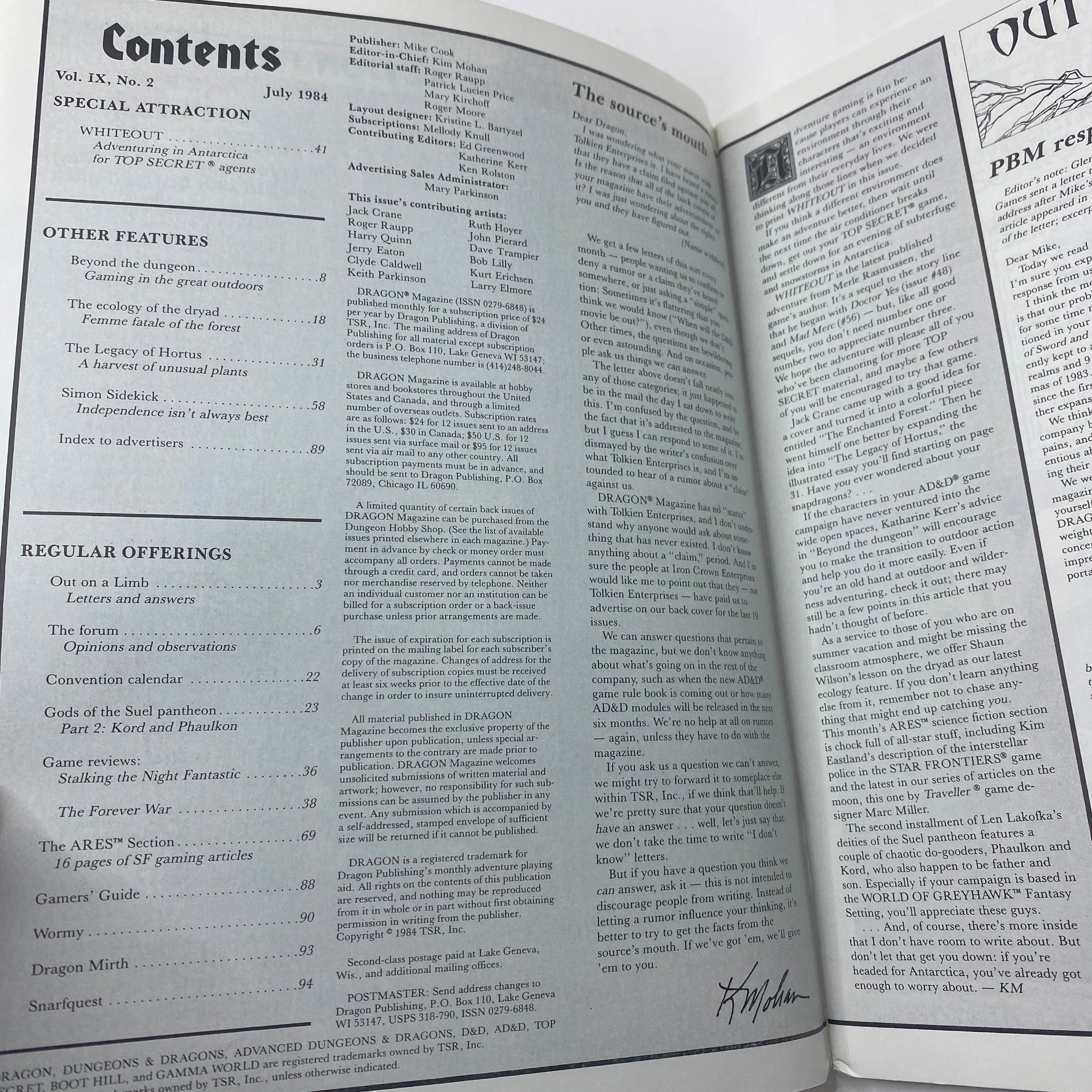 Inside page of VTG Dragon Magazine July 1984 #87 displaying the table of contents including featured articles and regular offerings.