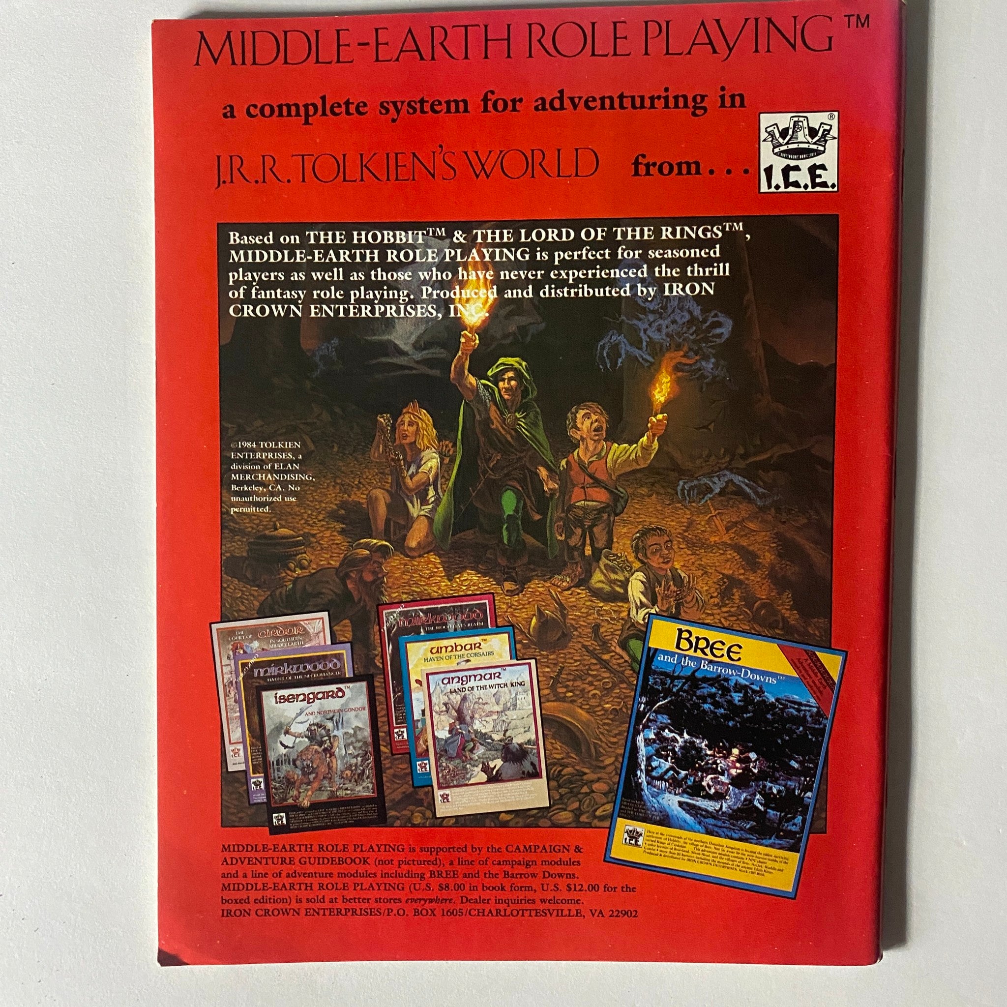 Back cover of VTG Dragon Magazine July 1984 #87 showcasing advertisements for Middle-Earth Role Playing products with fantasy illustrations.