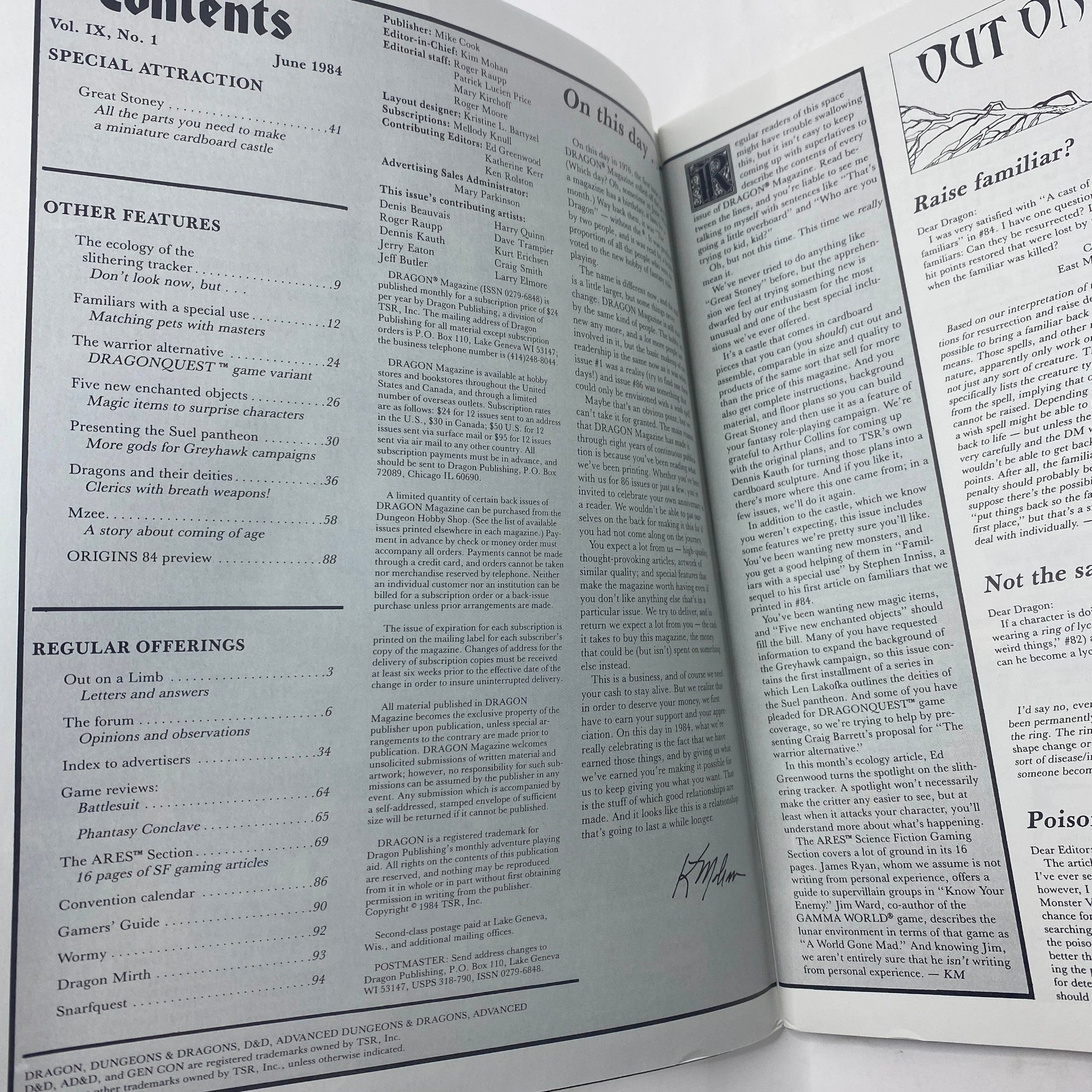 Table of contents page from VTG Dragon Magazine June 1984 #86, detailing articles including the Great Stoney Cardboard Castle and other features related to tabletop gaming.
