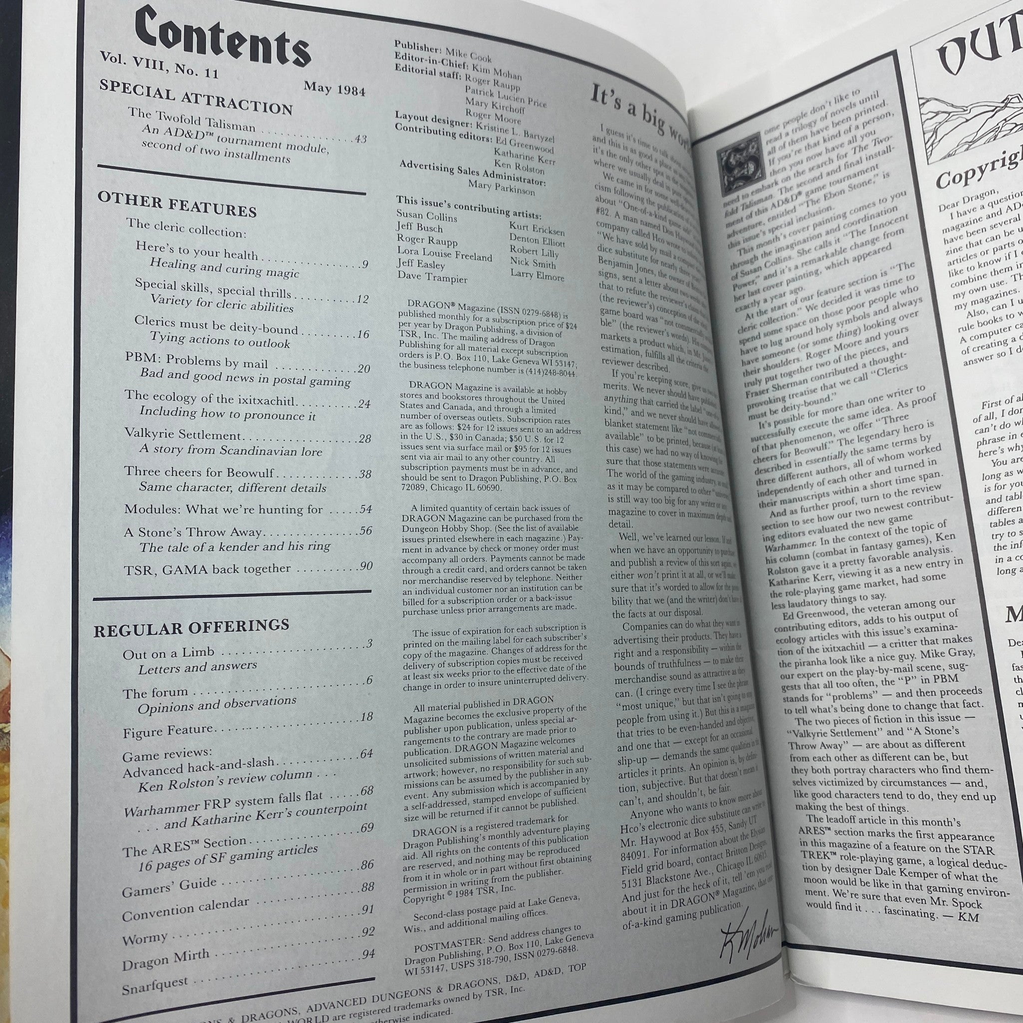 Contents page of VTG Dragon Magazine May 1984 #85, showcasing articles including 'The Twofold Talisman' and various role-playing game features.