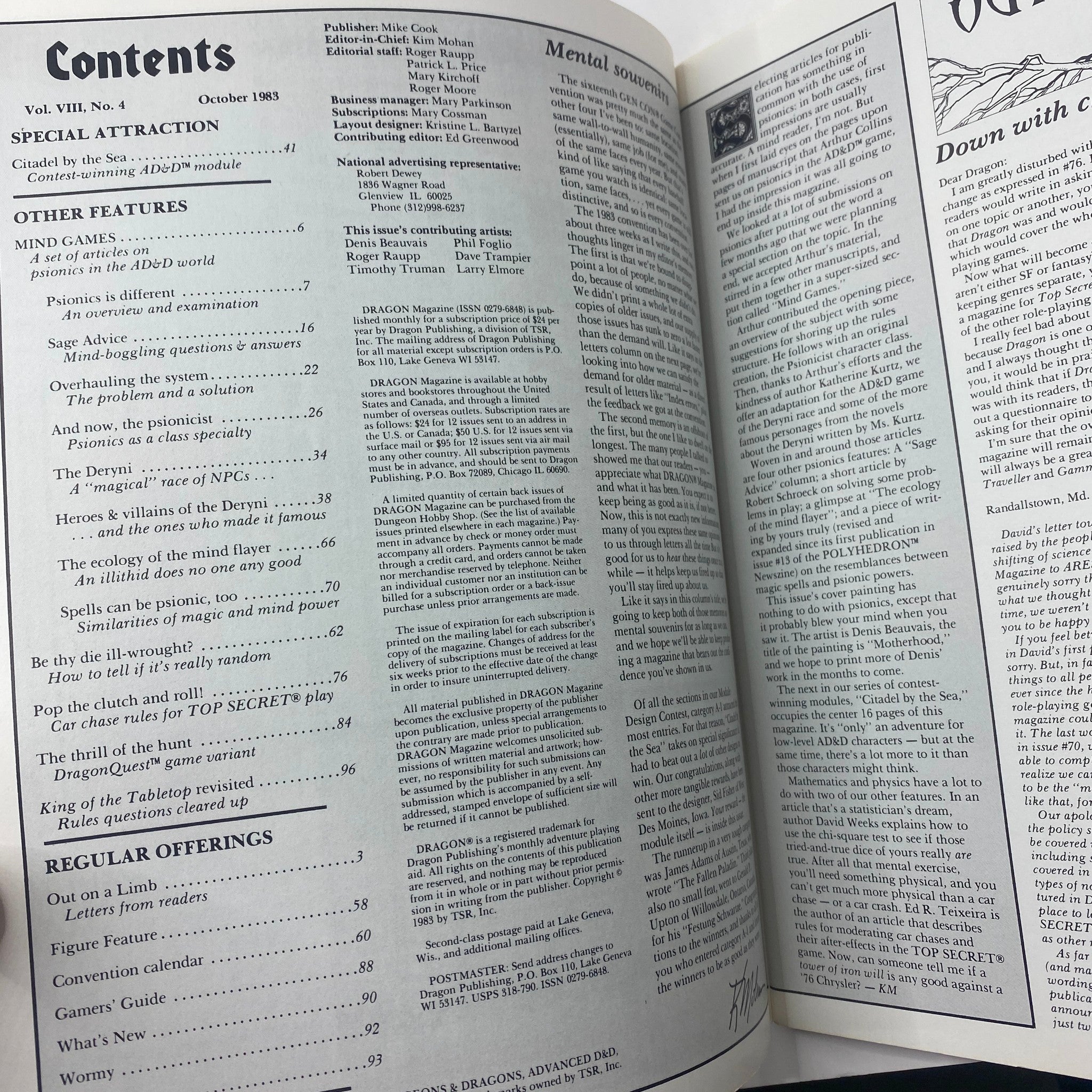 Contents page of VTG Dragon Magazine October 1983, Issue #78, showcasing articles related to AD&D, including 'Mind Games' and 'Psionics'.