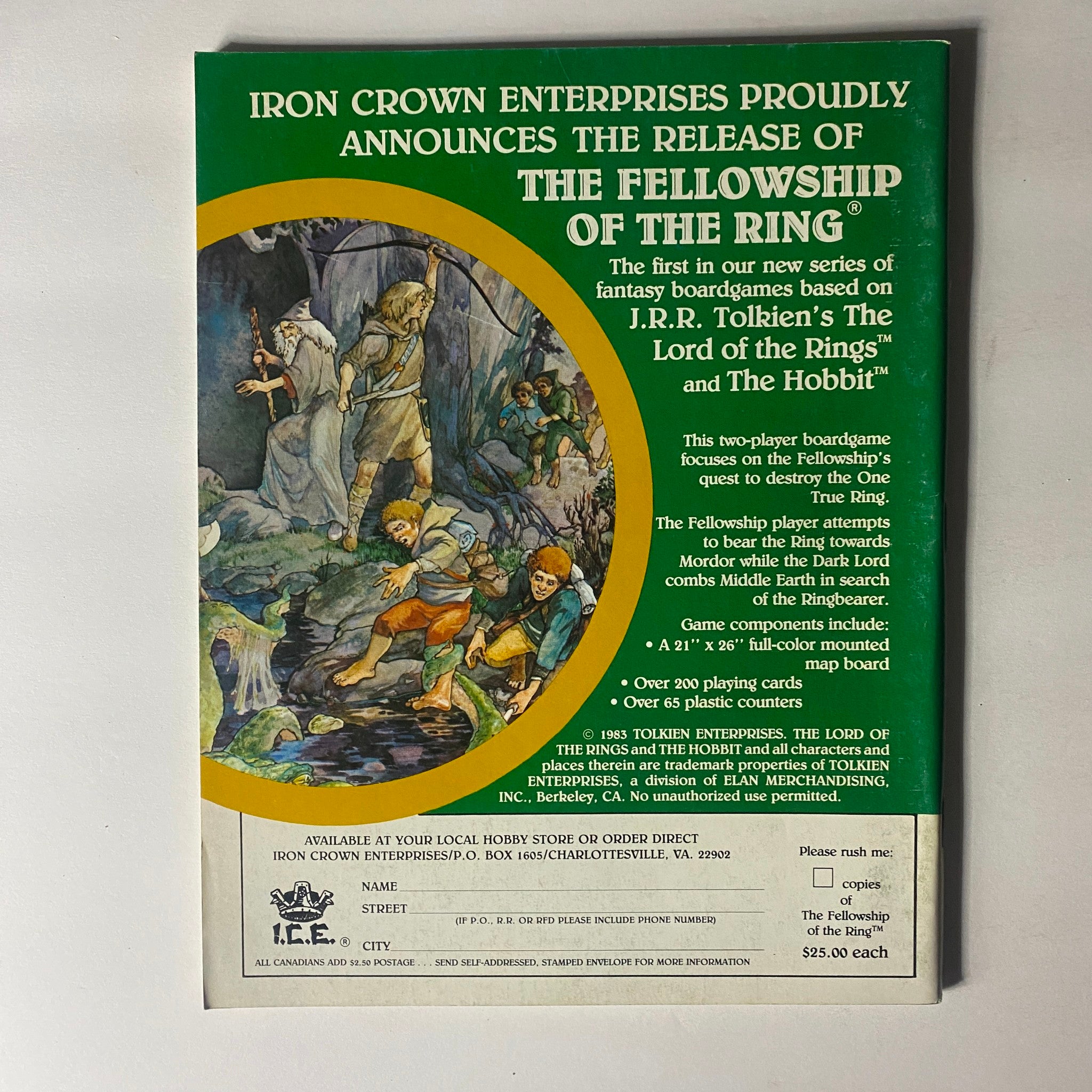 Back cover of the Dragon Magazine October 1983, Issue #78 titled 'Citadel by The Sea', featuring an advertisement for the board game 'The Fellowship of the Ring' based on J.R.R. Tolkien's works. The cover showcases colorful artwork and details about the game's components and play mechanics, aimed at collectors and fans of vintage role-playing games.