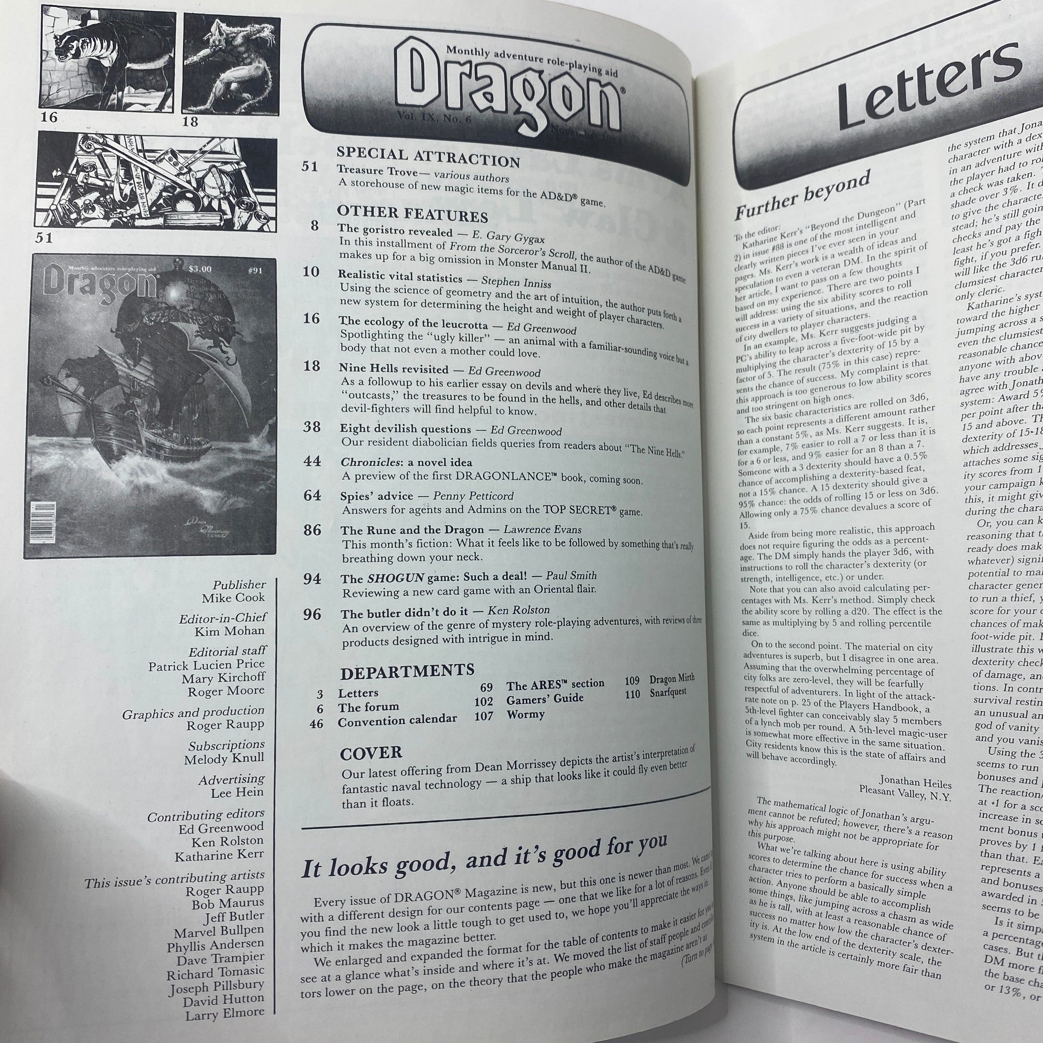 Interior page of VTG Dragon Magazine November 1984 #91, listing articles and features including 'Devils' Lair Revisited' and additional gaming content.