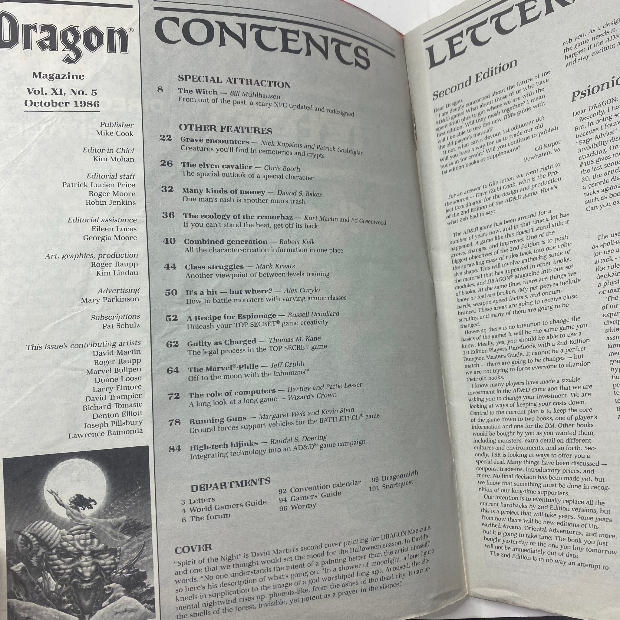 Contents page of Dragon Magazine October 1986 #114, detailing articles including 'The Witch', 'The elven cavalier', and 'Ecology of the remorhaz', along with various gaming tips and features.