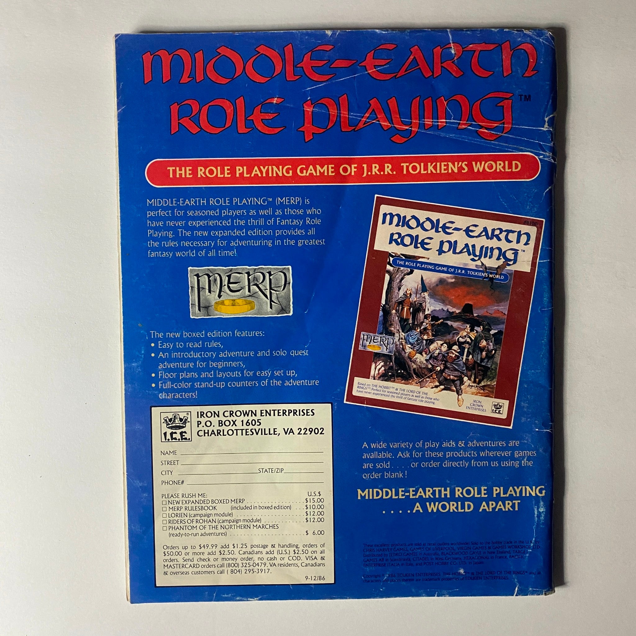 Back cover of Middle-Earth Role Playing game, showcasing details about the game and its features, with the title 'Dragon Magazine October 1986 #114' and elements of J.R.R. Tolkien's world.