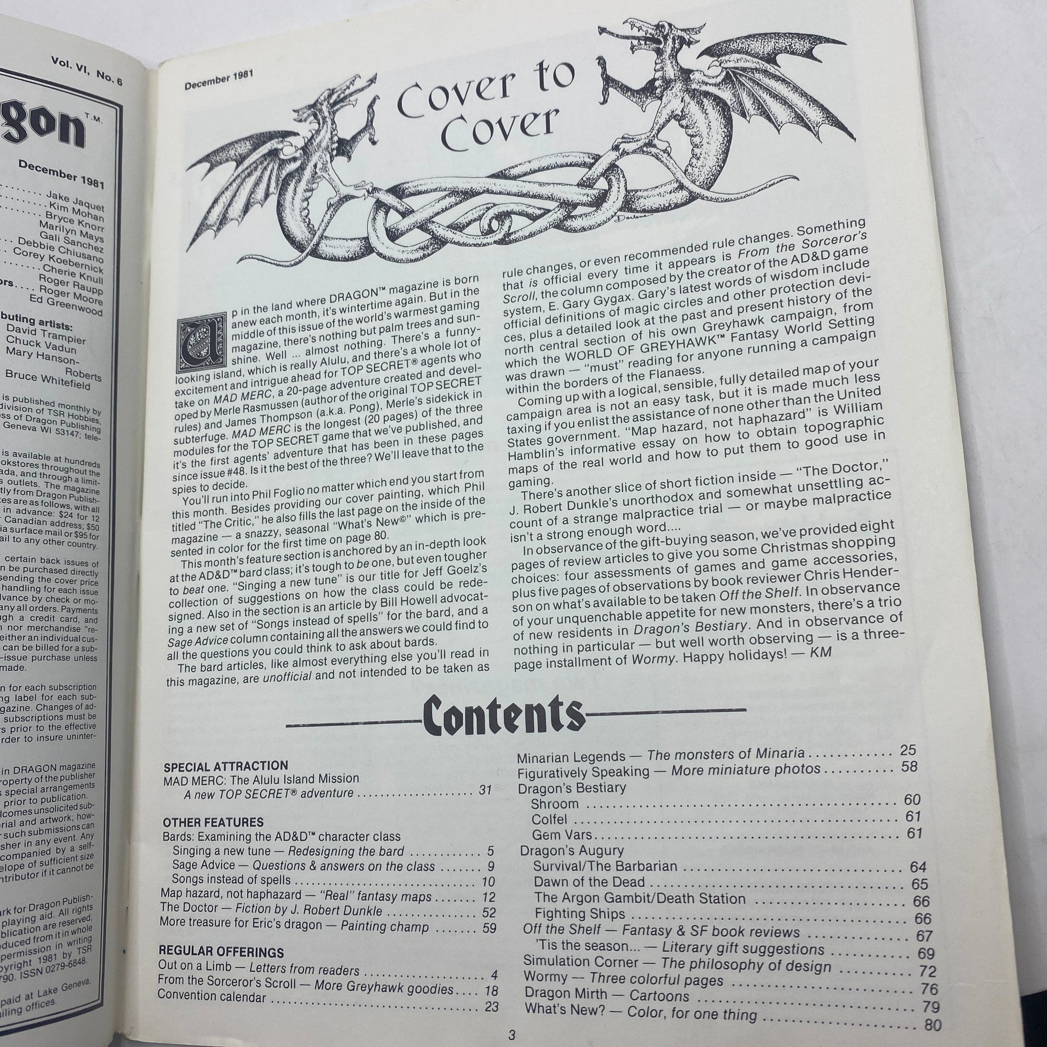VTG Dragon Magazine December 1981 #56 Cover Page featuring a banner 'Cover to Cover' with dragon illustrations, showcasing the theme 'Real Maps Are Best'.