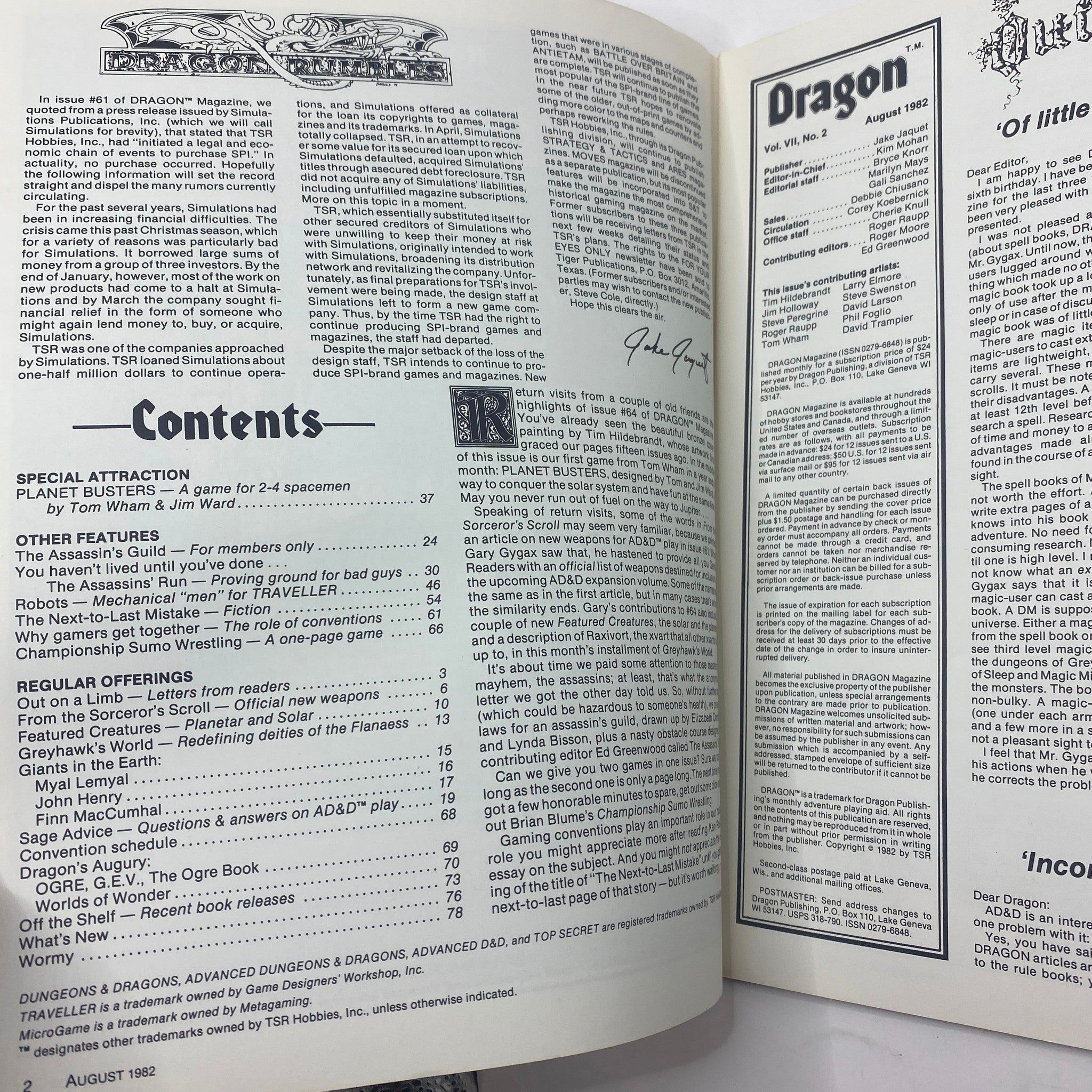 Interior page of VTG Dragon Magazine August 1982 Issue #64 showing contents and features including special attractions and gaming articles related to tabletop gaming.