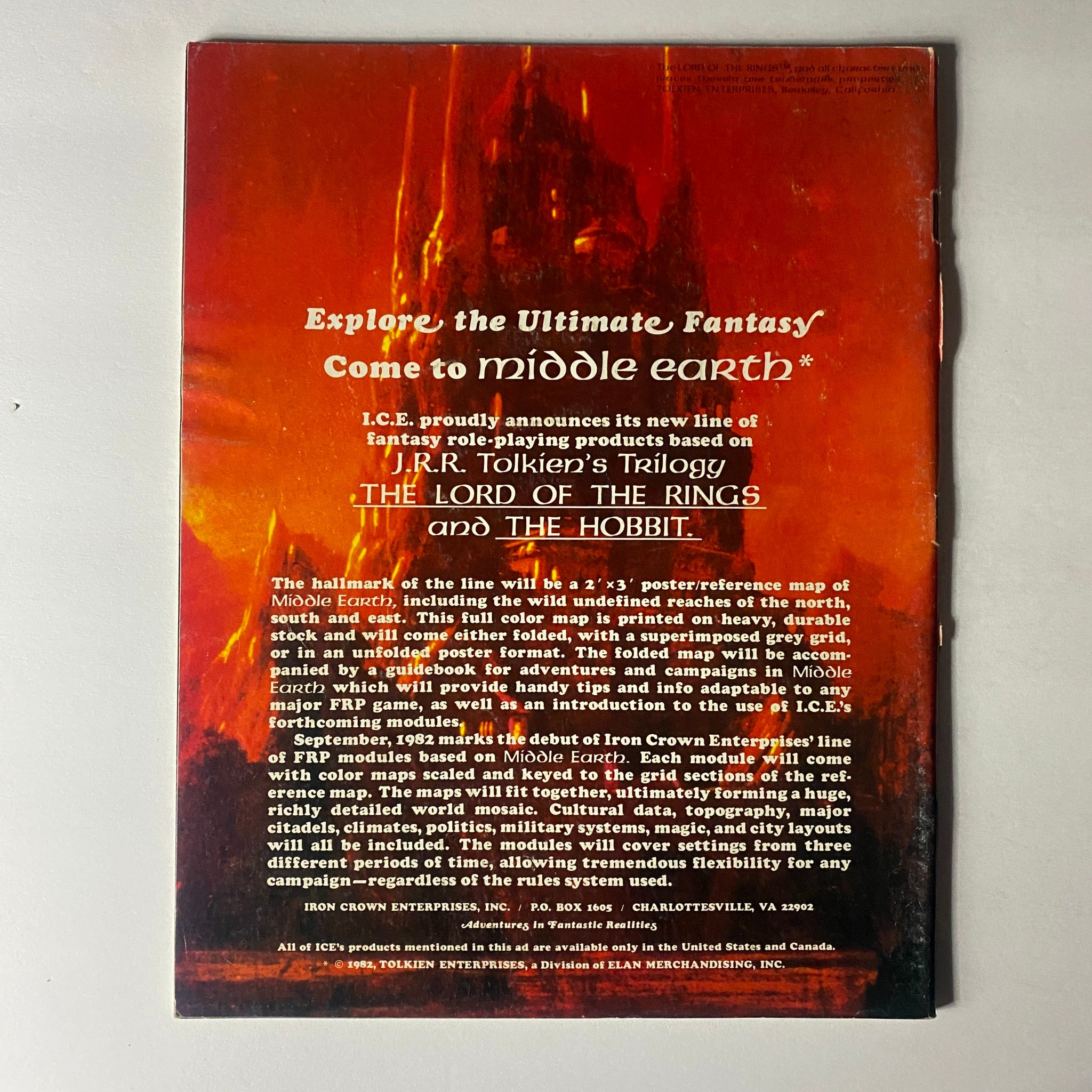Back cover of VTG Dragon Magazine August 1982 Issue #64 featuring an advertisement for new fantasy role-playing products based on J.R.R. Tolkien's works, including The Lord of the Rings.