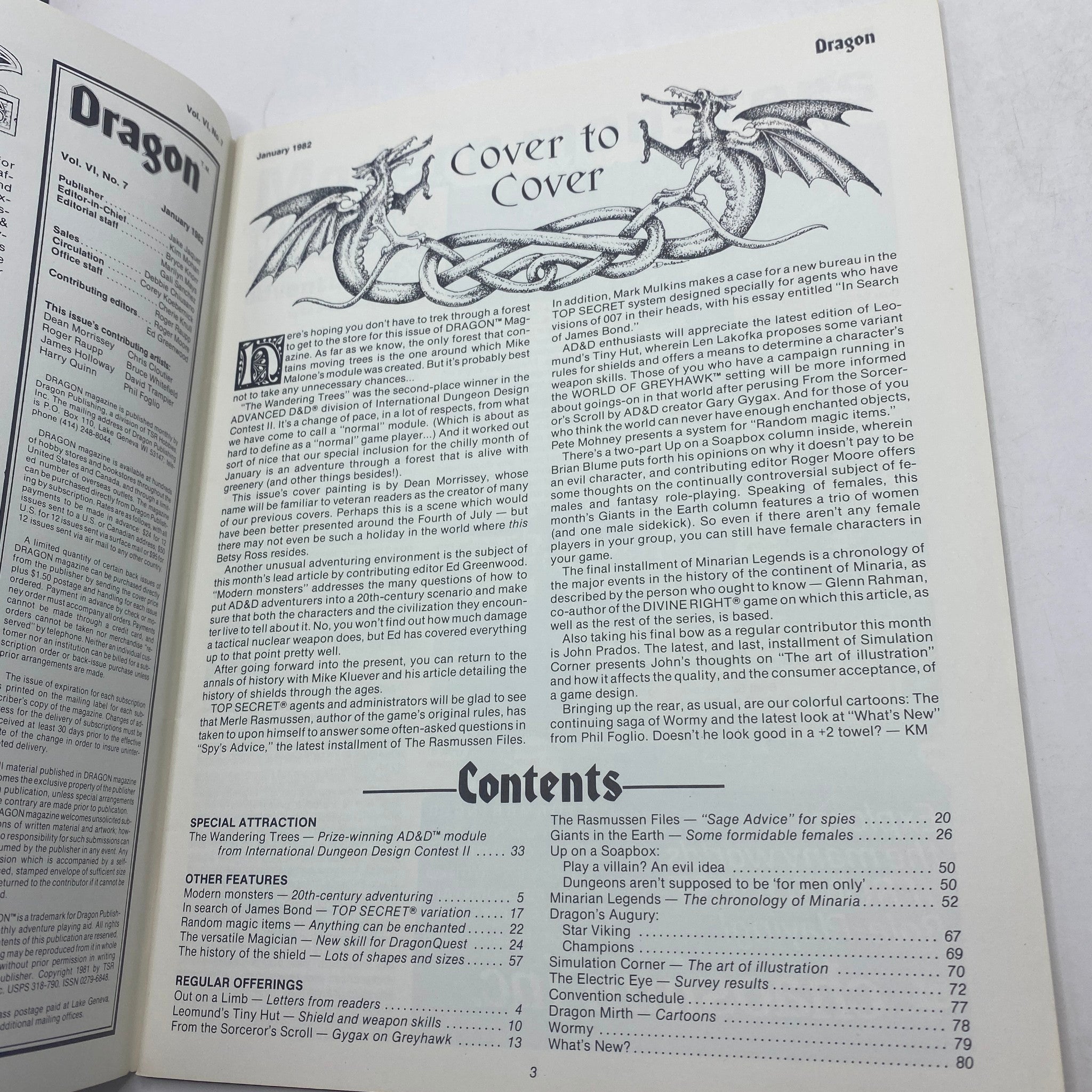 Inside page of Dragon Magazine January 1982, Issue #57 displaying the 'Cover to Cover' section and contents of the magazine highlighting articles on gaming and role-playing.
