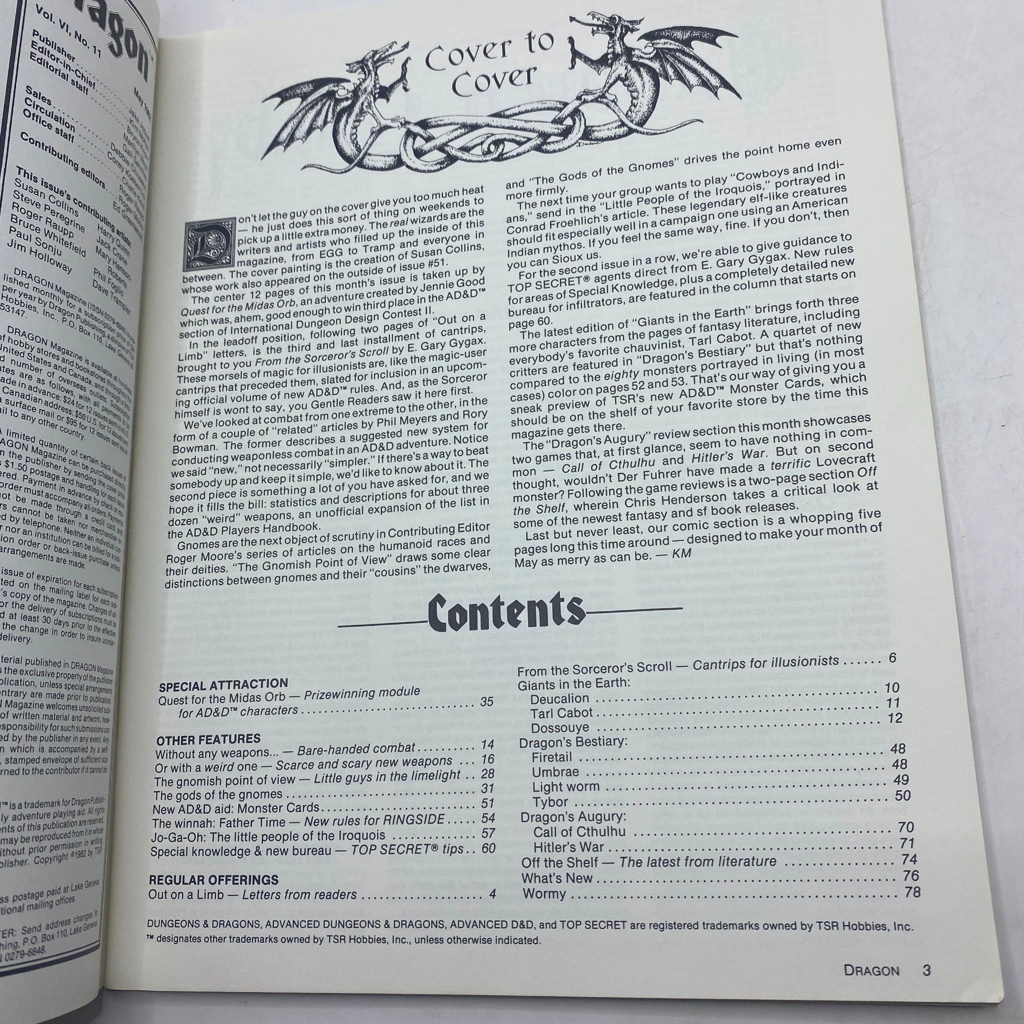 Interior contents page of VTG Dragon Magazine June 1982 #61, displaying various articles related to Dungeons & Dragons and outlining features such as adventures and game mechanics.