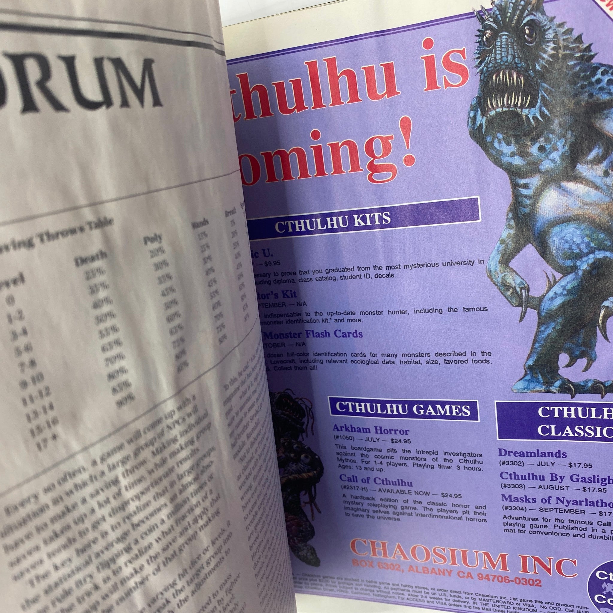 Inside page of VTG Dragon Magazine September 1987 #125 featuring advertisements for Cthulhu-themed games and products, capturing the diverse gaming culture of the late 1980s.