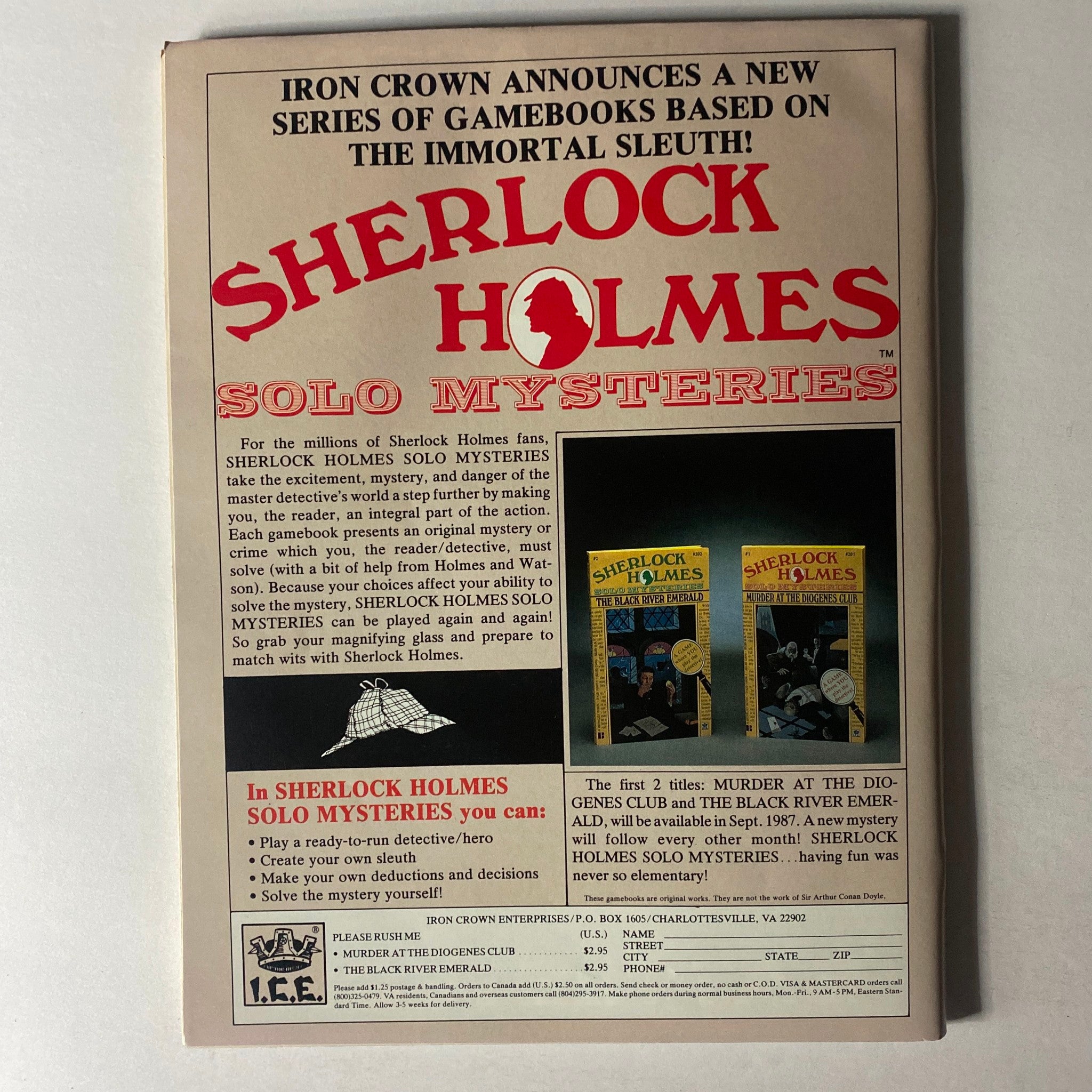 Back cover of VTG Dragon Magazine September 1987 #125 featuring an advertisement for Sherlock Holmes Solo Mysteries gamebooks. The ad describes the interactive detective experience and showcases covers of the first two titles: MURDER AT THE DIOGENES CLUB and THE BLACK RIVER EMERALD.