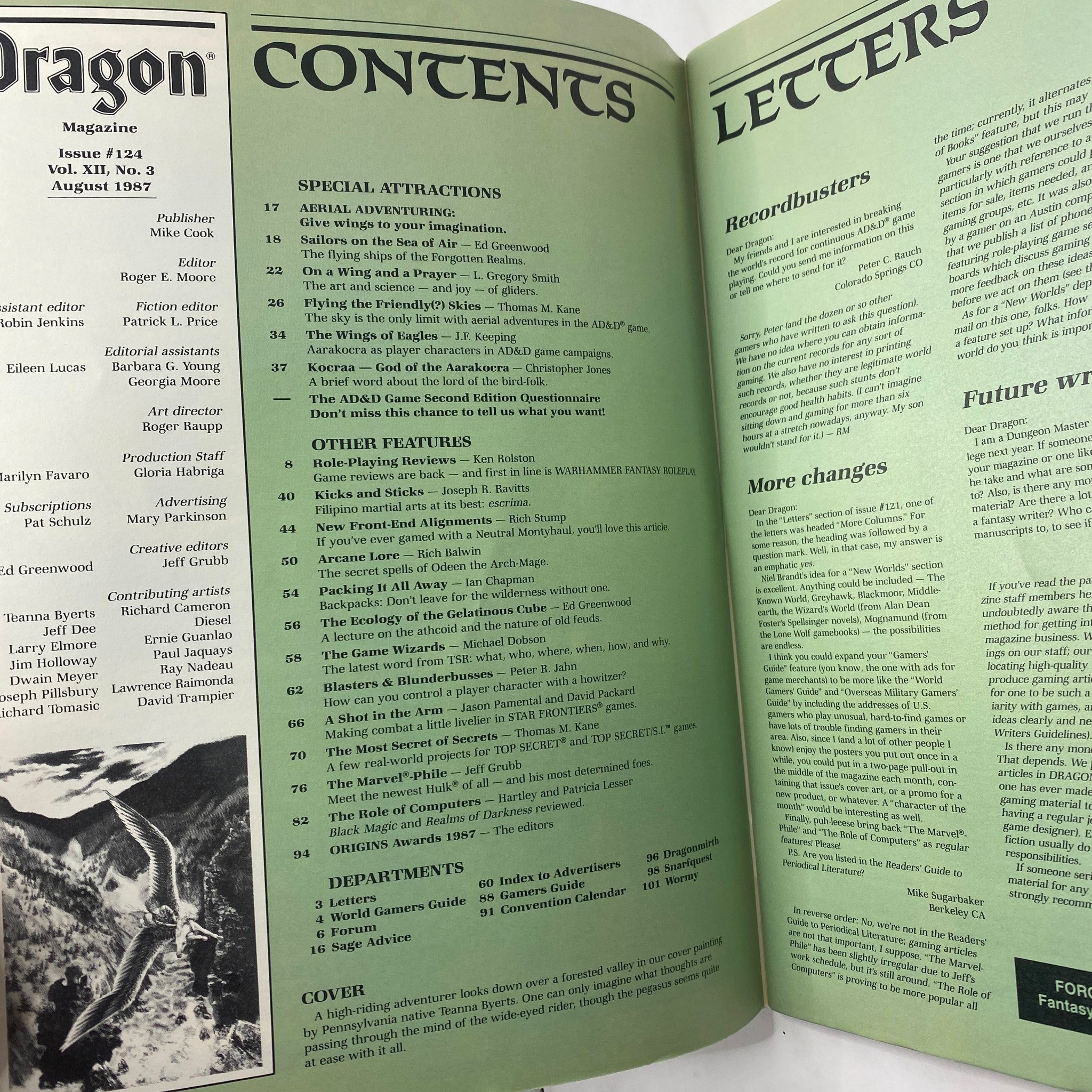 Contents page of VTG Dragon Magazine August 1987 #124, listing articles and features including aerial adventuring and role-playing game insights.