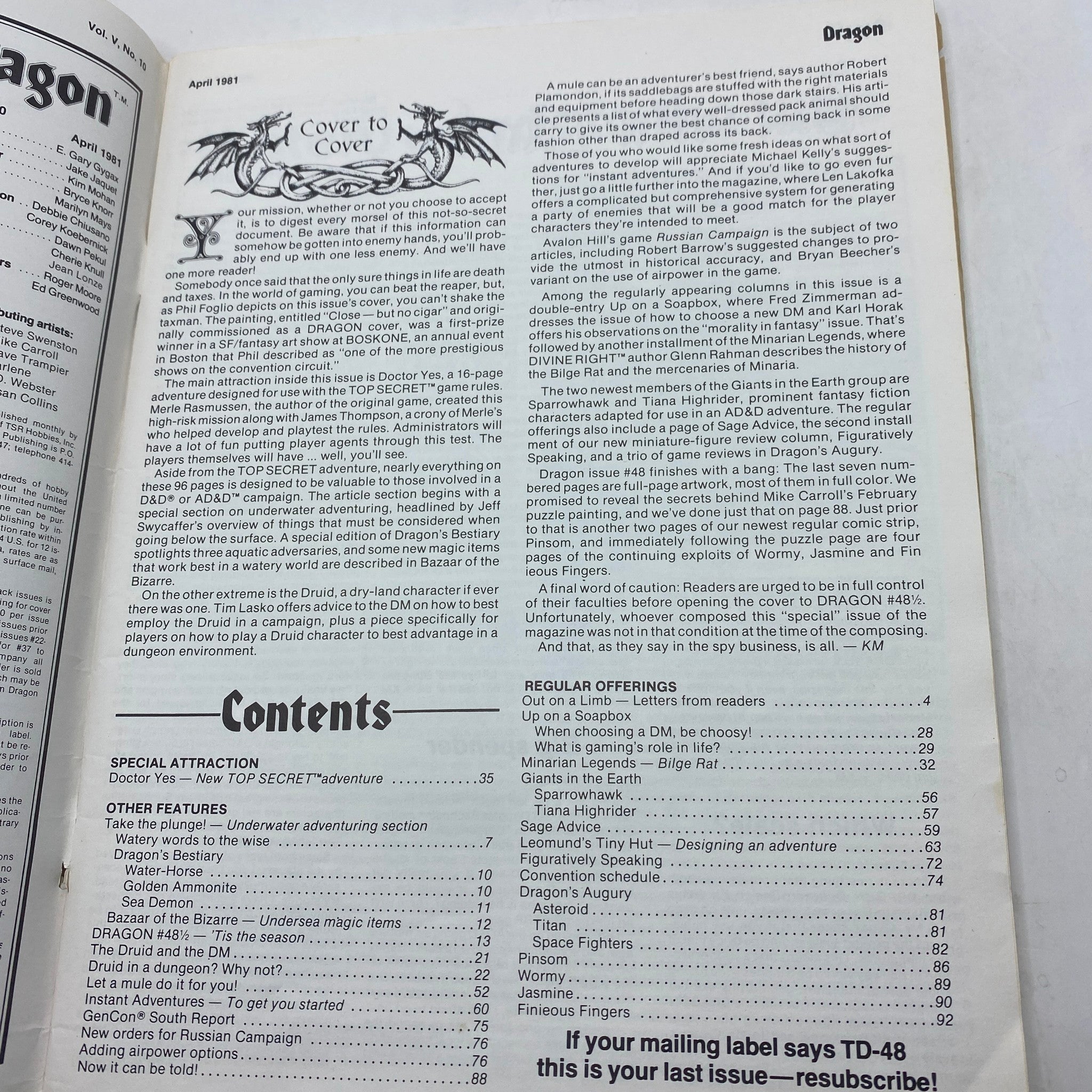 Interior page of VTG The Dragon Magazine April 1981 #48, displaying contents and features of the issue, highlighting adventure and role-playing game content.