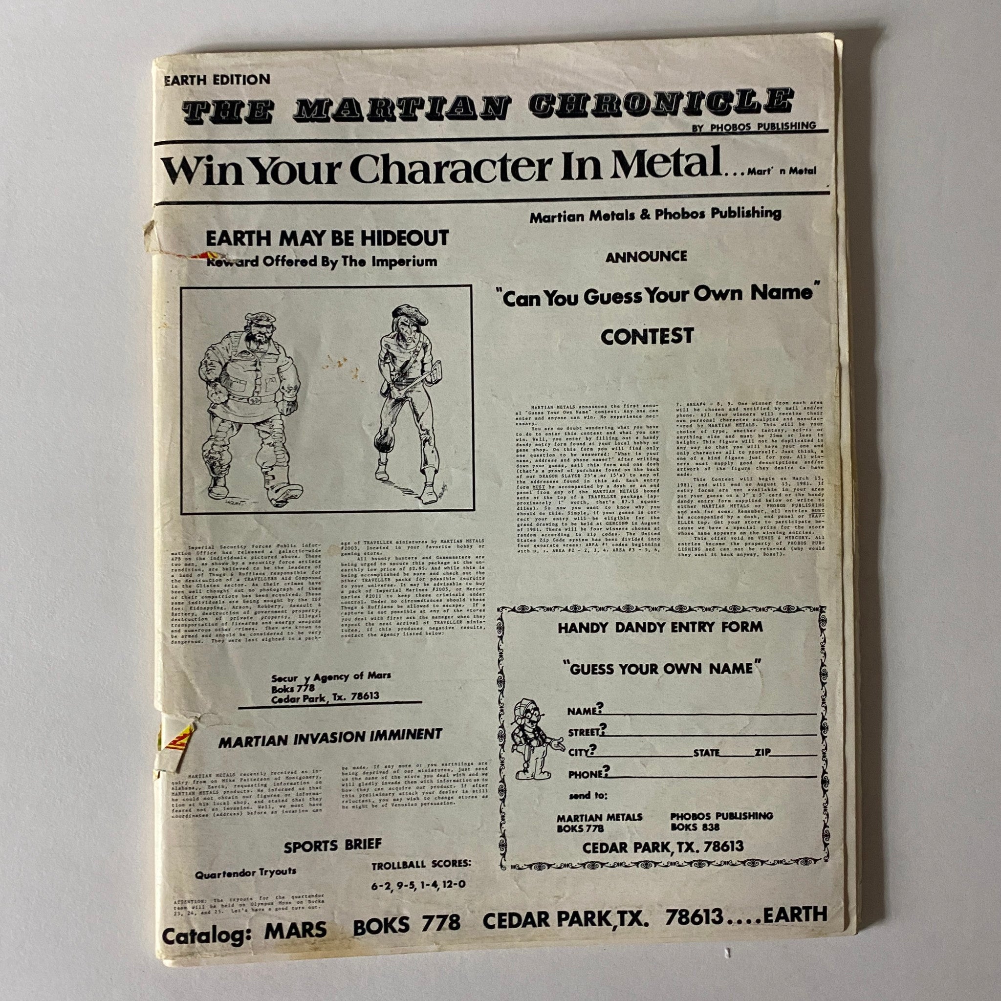 Cover of The Martian Chronicle Earth Edition featuring an announcement for a character contest by Martian Metals & Phobos Publishing. The design includes illustrations and articles related to gaming, with a section about a Martian invasion imminent. Perfect for collectors of vintage gaming magazines.
