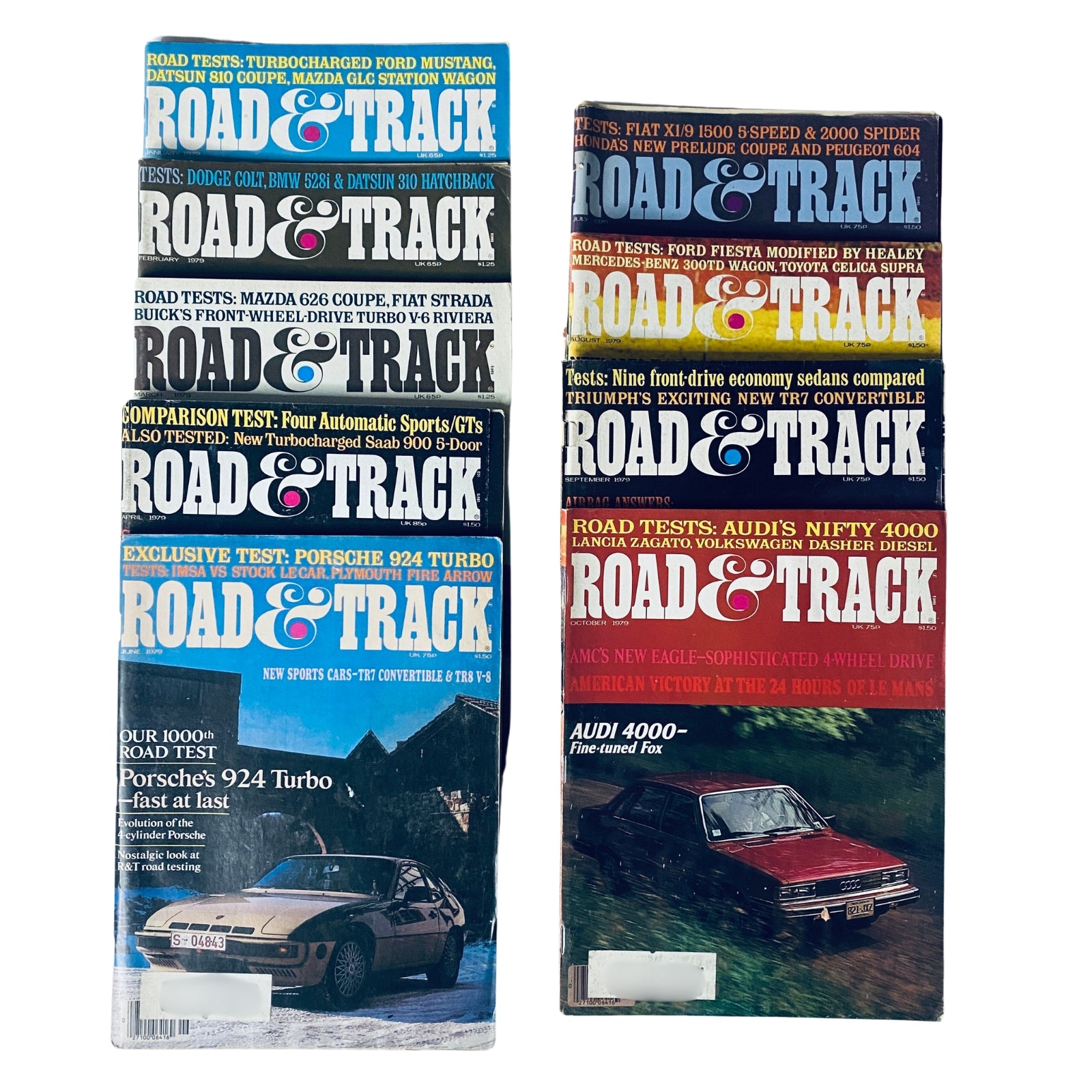 Collection of 9 Road and Track Magazines from 1979, featuring covers from January to October, showcasing automotive reviews and road tests of the era.
