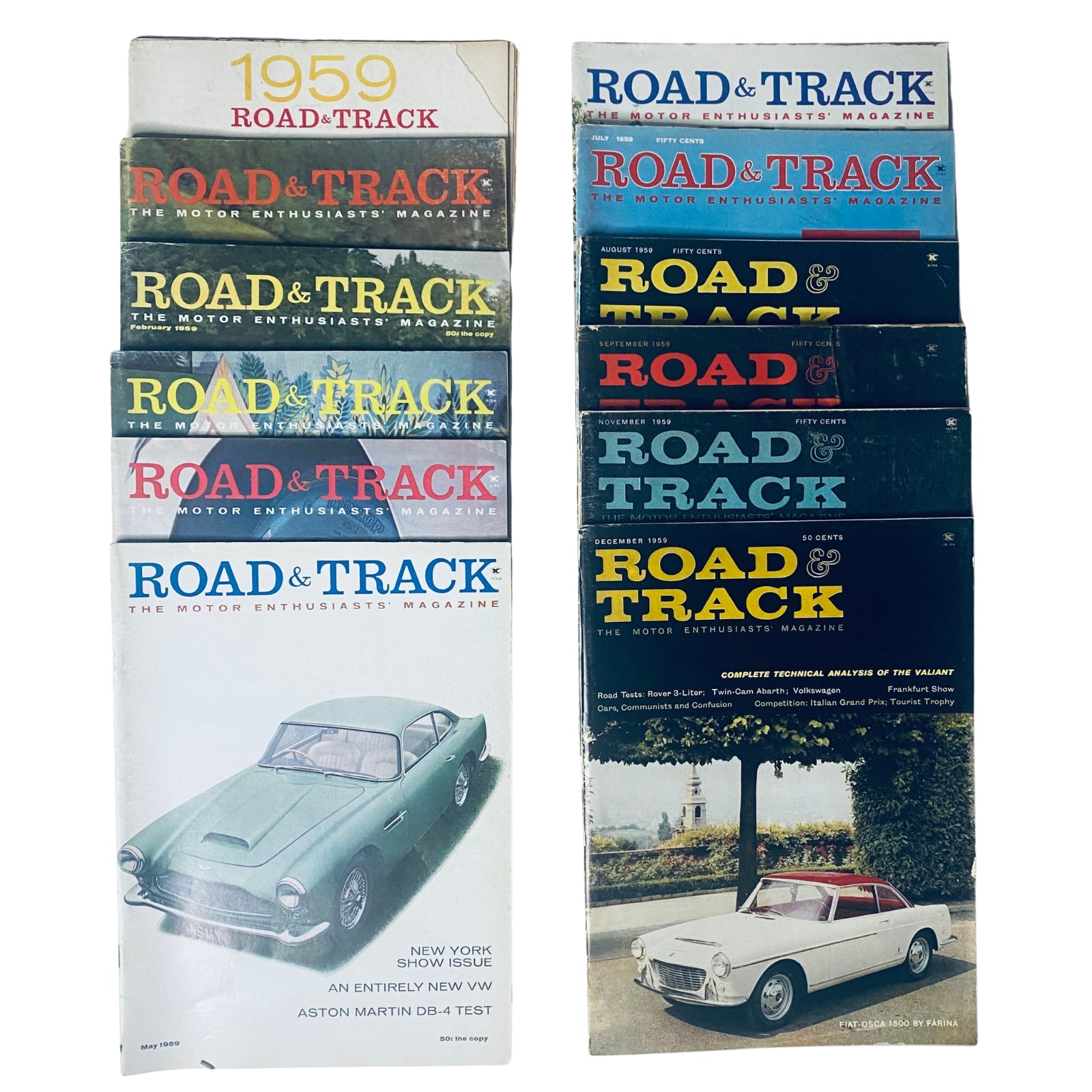 Lot of 11 Road & Track Magazine issues from 1959, showcasing covers from January to September and November to December, featuring vintage automobiles and automotive content.