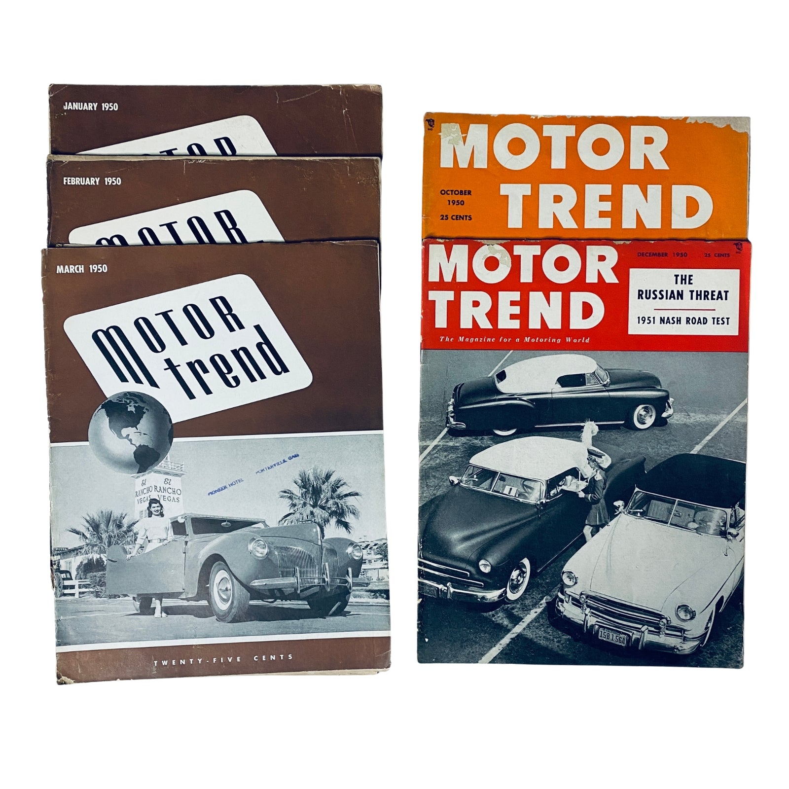 Lot of 5 Motor Trend Magazines from 1950, featuring January, February, March, October, and December issues showcasing early automotive trends, road tests, and advertisements.