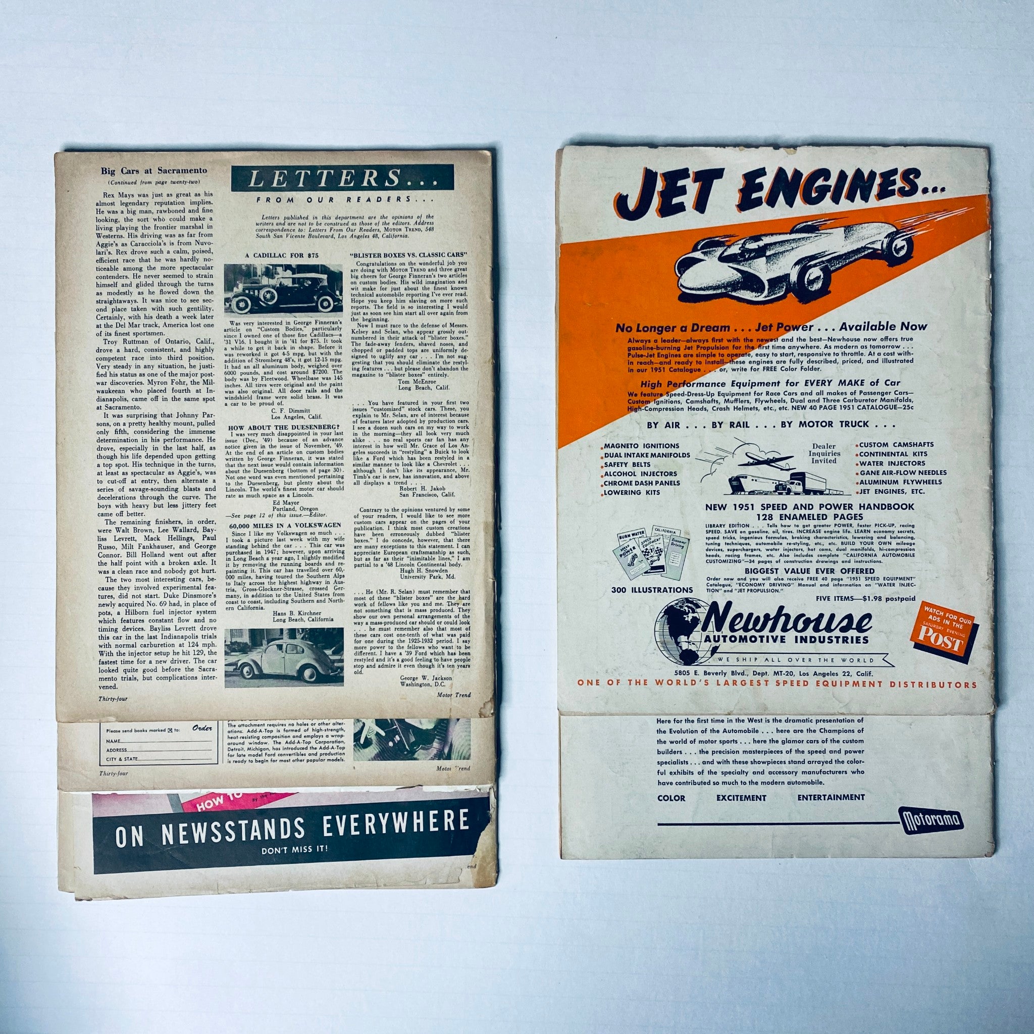 Cover pages from Motor Trend magazine, featuring letters to the editor and an advertisement for jet engines. Part of a lot of 5 Motor Trend Magazine issues from 1950, including January, February, March, October, and December.