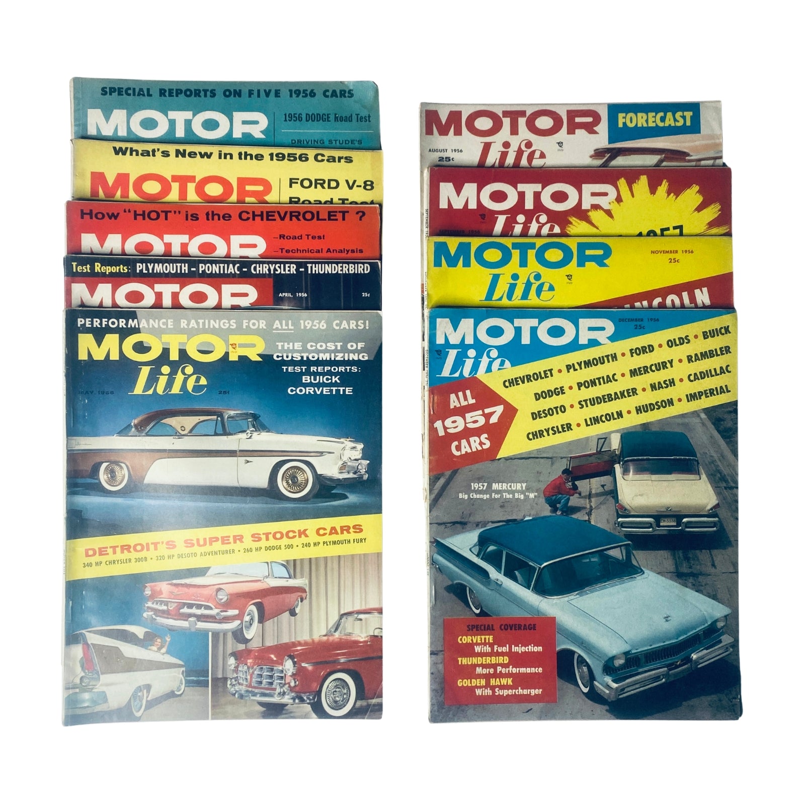 Lot of 9 Motor Life Magazines from 1956, featuring covers highlighting automotive trends, road tests, and styling innovations from January to May, August, September, November, and December.