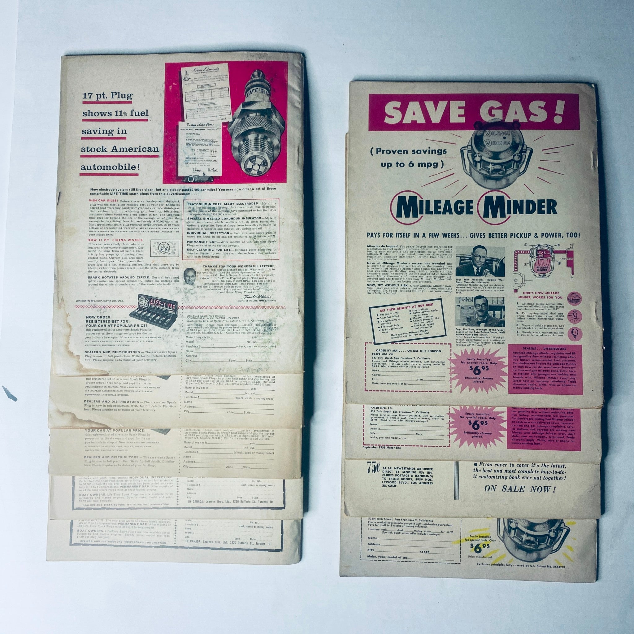 Interior pages of Motor Life Magazine displaying advertisements and articles about automotive fuel savings, including the Mileage Minder tool.